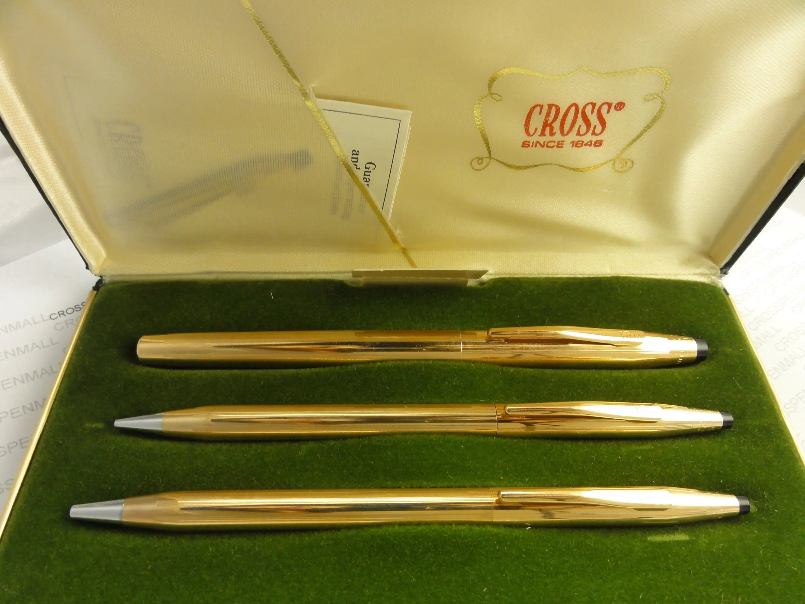 Cross Made in The USA Century Classic Trio of 14K Rolled/Filled Rollerball Pen, Ball-Point Pen and 0.9MM Pencil Combo Set in Original Leather Box. Very Rare Made in Lincoln Rhode Island, USA crosspenmall.com