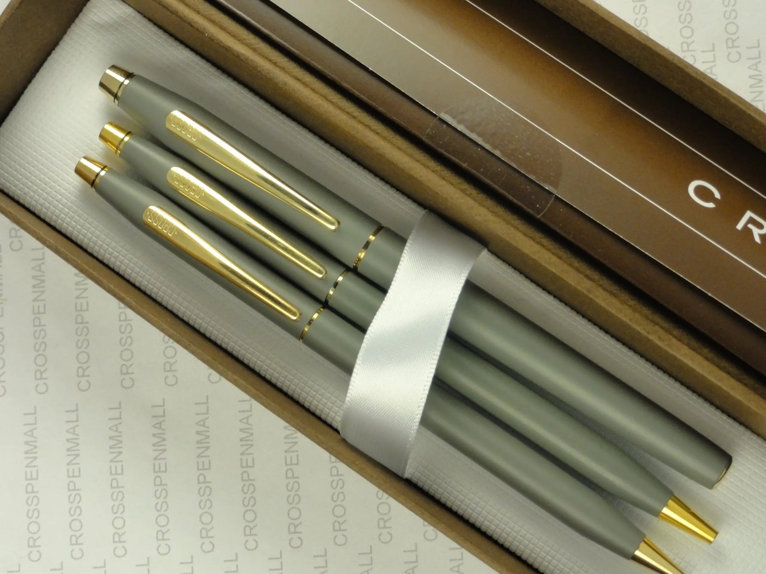 Cross Made in The USA Century Classic Trio of Satin Matte Gray and 23k Gold Appointment Selectip Rollerball Pen, Ball-Point Pen and 0.5MM Pencil Combo Set. Very Rare Made in Lincoln Rhode Island, USA crosspenmall.com
