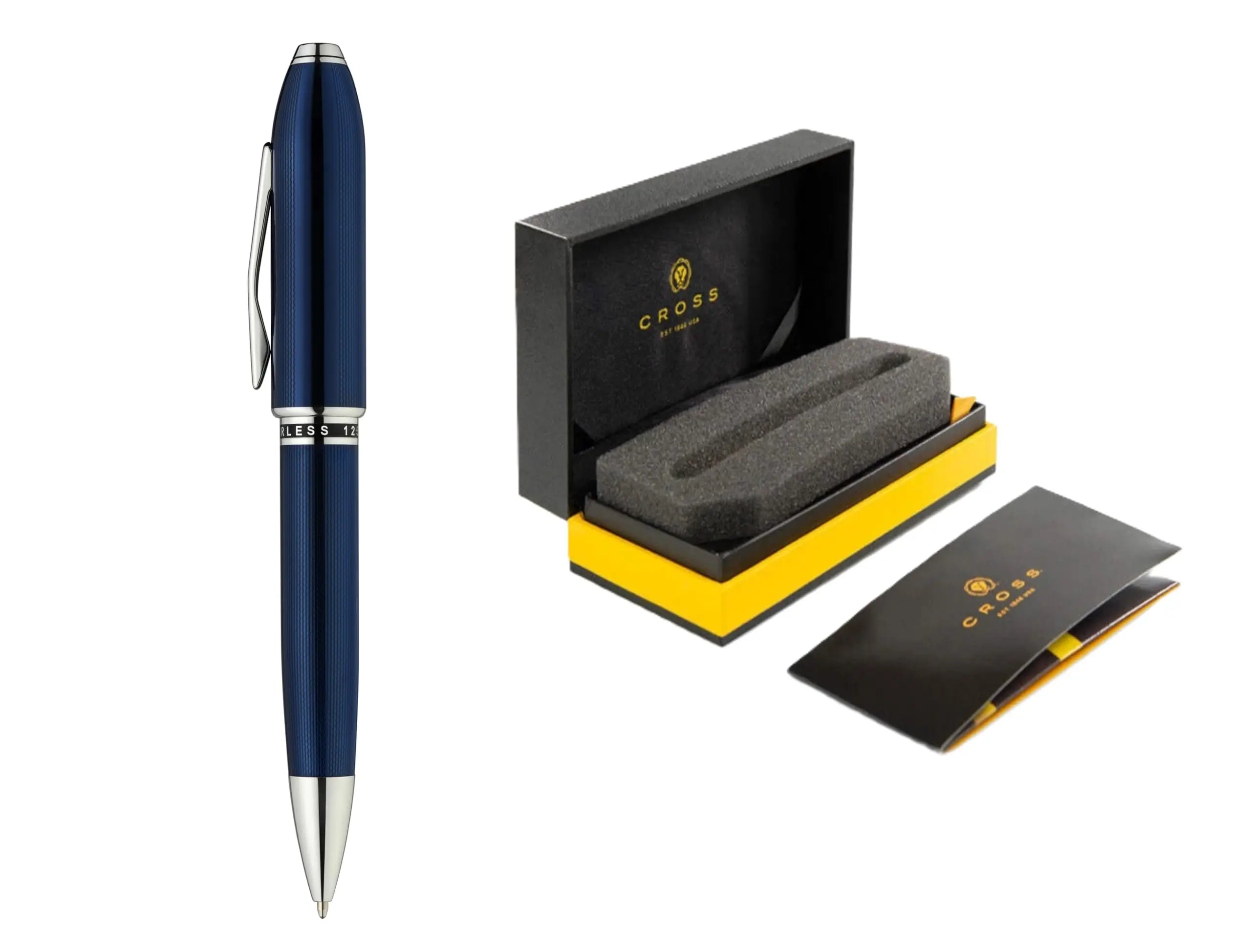 Cross Peerless 125 Ballpoint pen, Translucent Cobalt Blue, incise engraved diamond pattern, Swarovski™ Crystal, Engravable panel, Luxury Gift Box. Cross