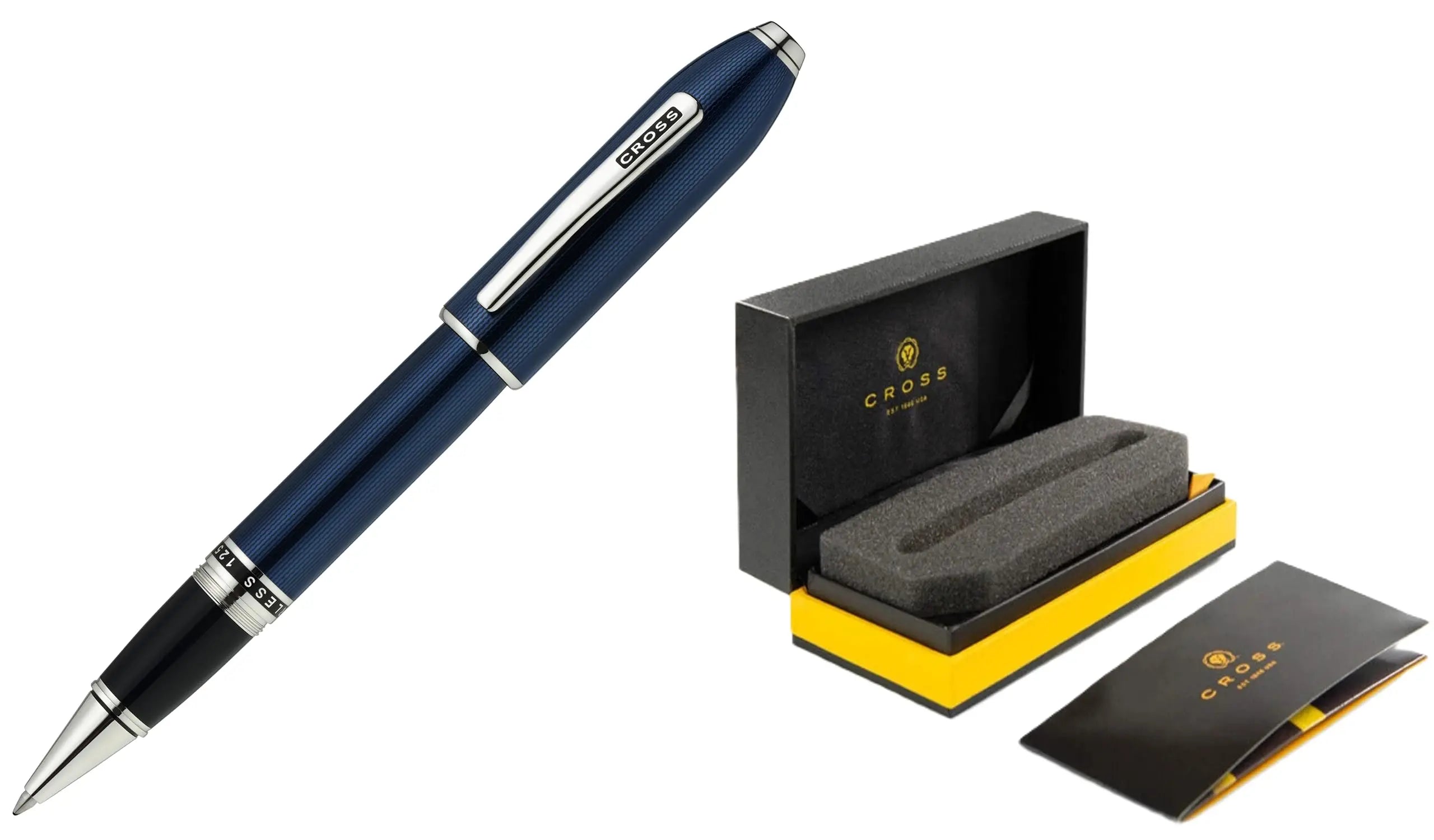 Cross Peerless 125 Selectp Rollerball pen, Lacquer Blue, incise engraved signature lines Platinum Appointments, Engravable panel, Luxury Gift Box. Cross