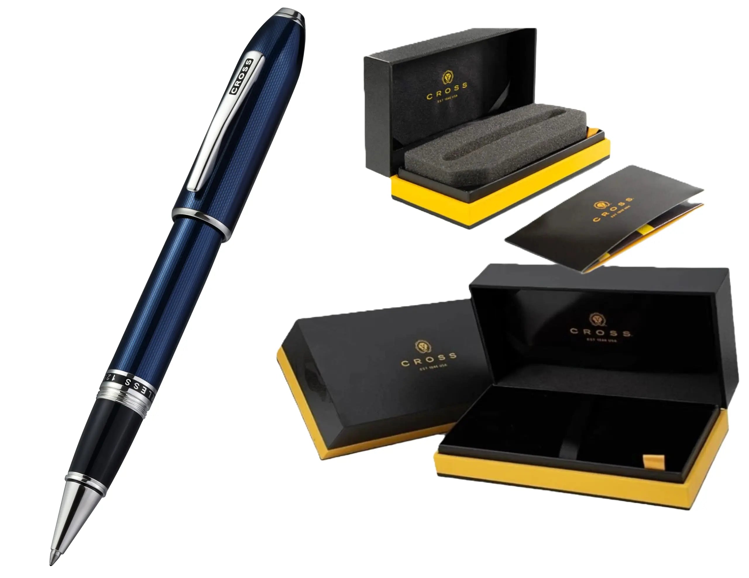 Cross Peerless 125 Selectp Rollerball pen, Lacquer Blue, incise engraved signature lines Platinum Appointments, Engravable panel, Luxury Gift Box. Cross