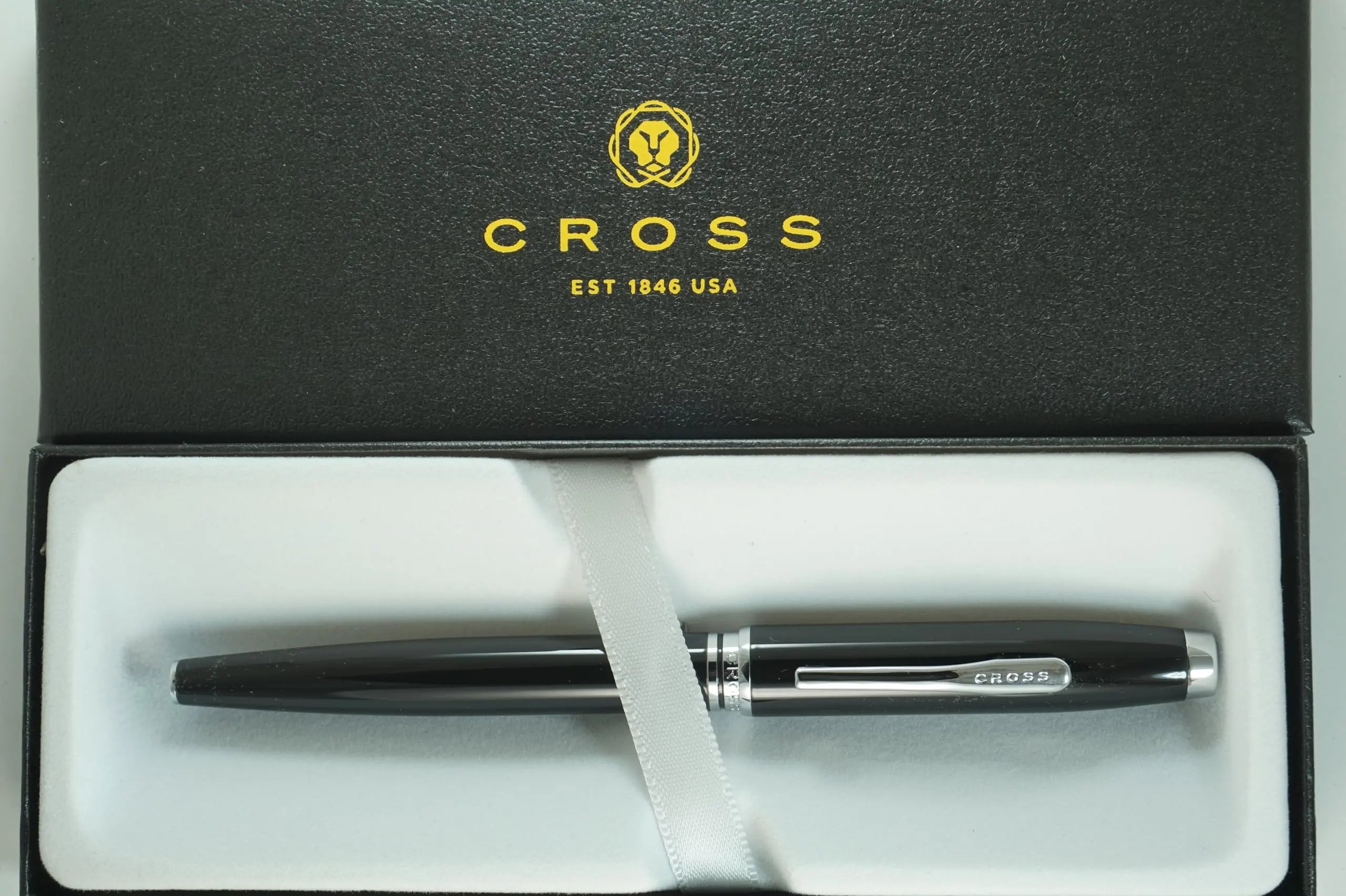 Cross Rich black lacquer with polished chrome appointments Coventry Refillable medium Point Rollerball Pen Signature center Band Cross