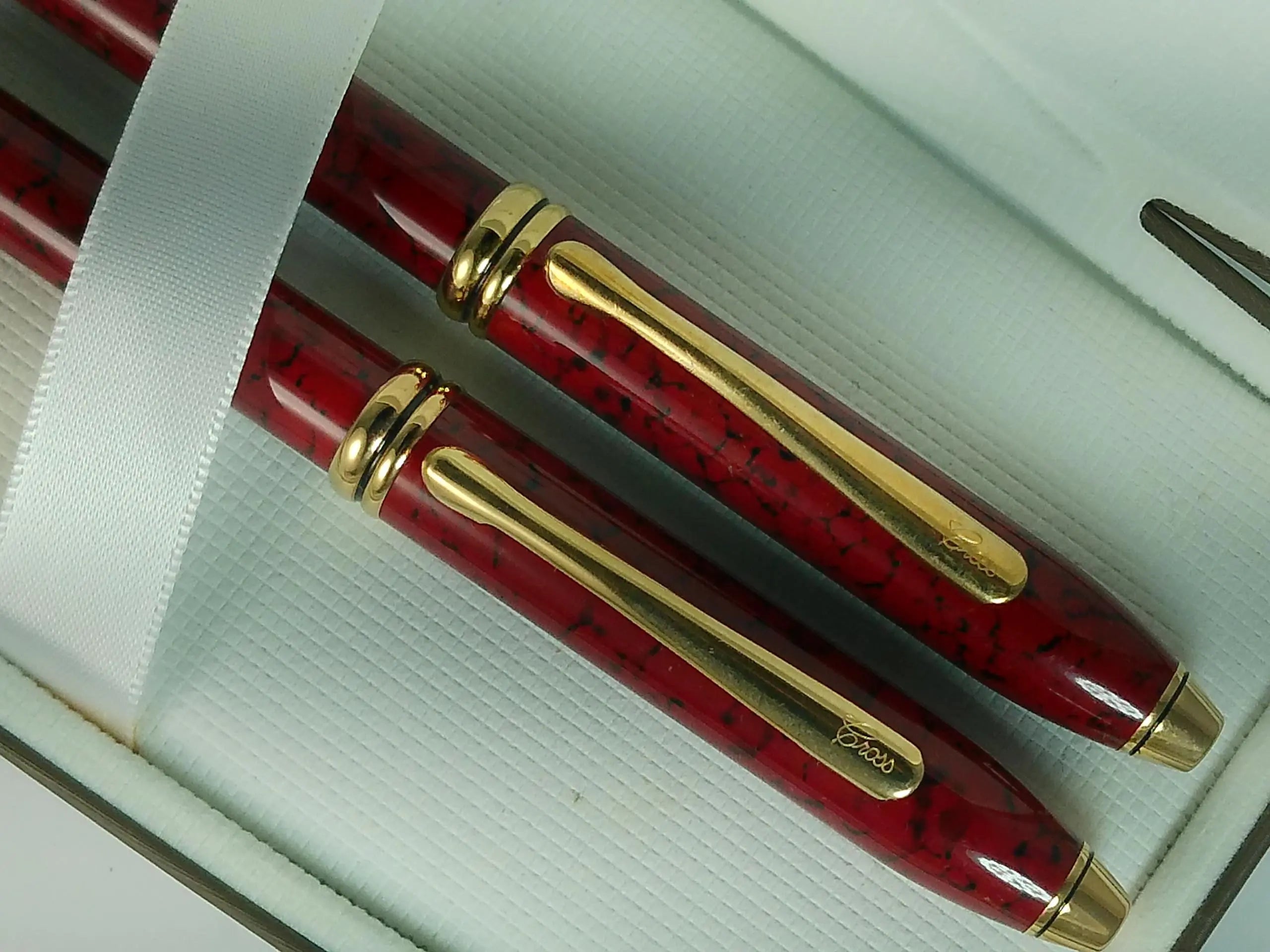 Cross Townsend Cardinal Red Marble and 23KT Gold Ballpoint Pen and 0.5MM Pencil Set, Made in Lincoln, USA Cross