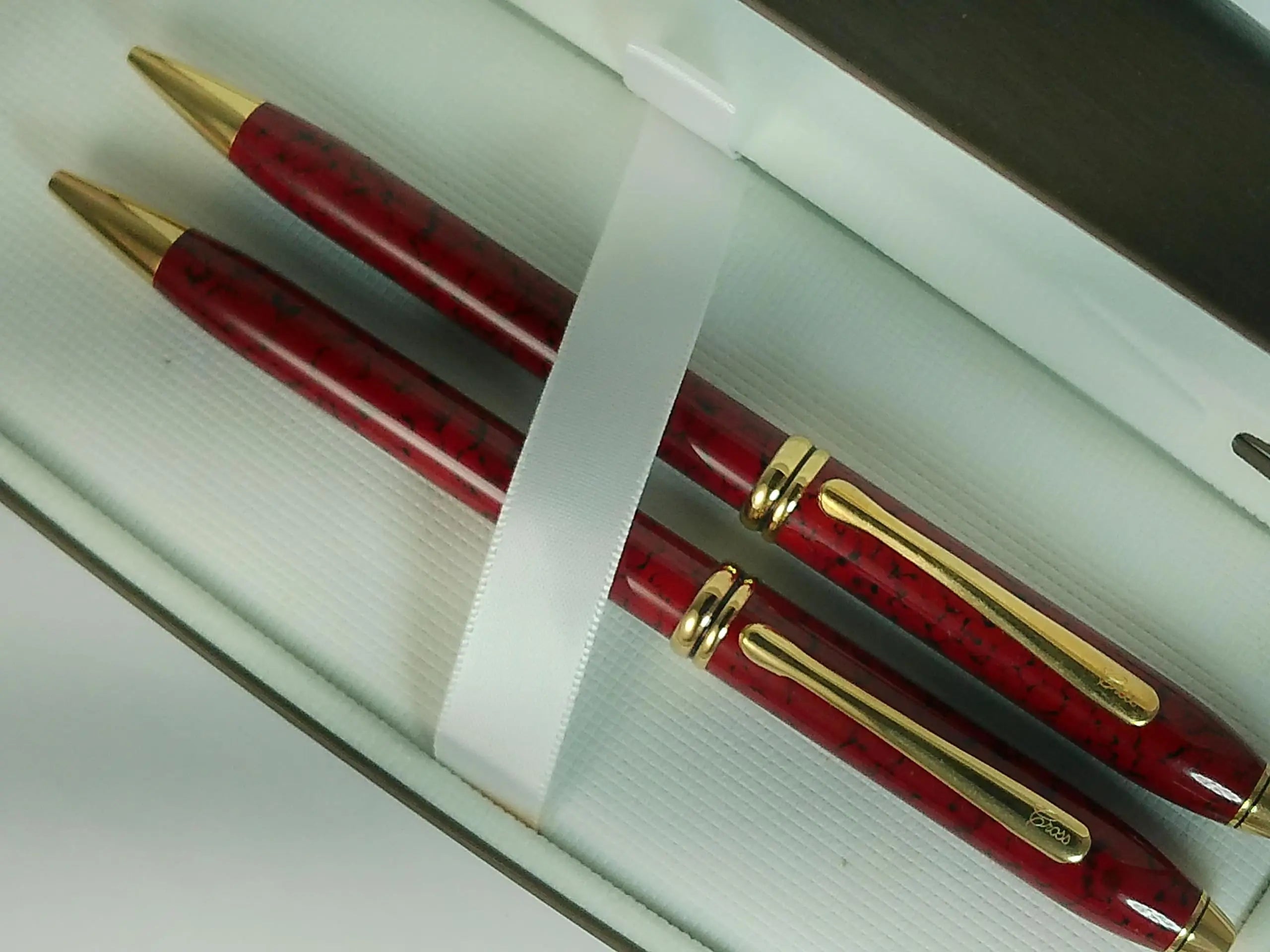 Cross Townsend Cardinal Red Marble and 23KT Gold Ballpoint Pen and 0.5MM Pencil Set, Made in Lincoln, USA Cross