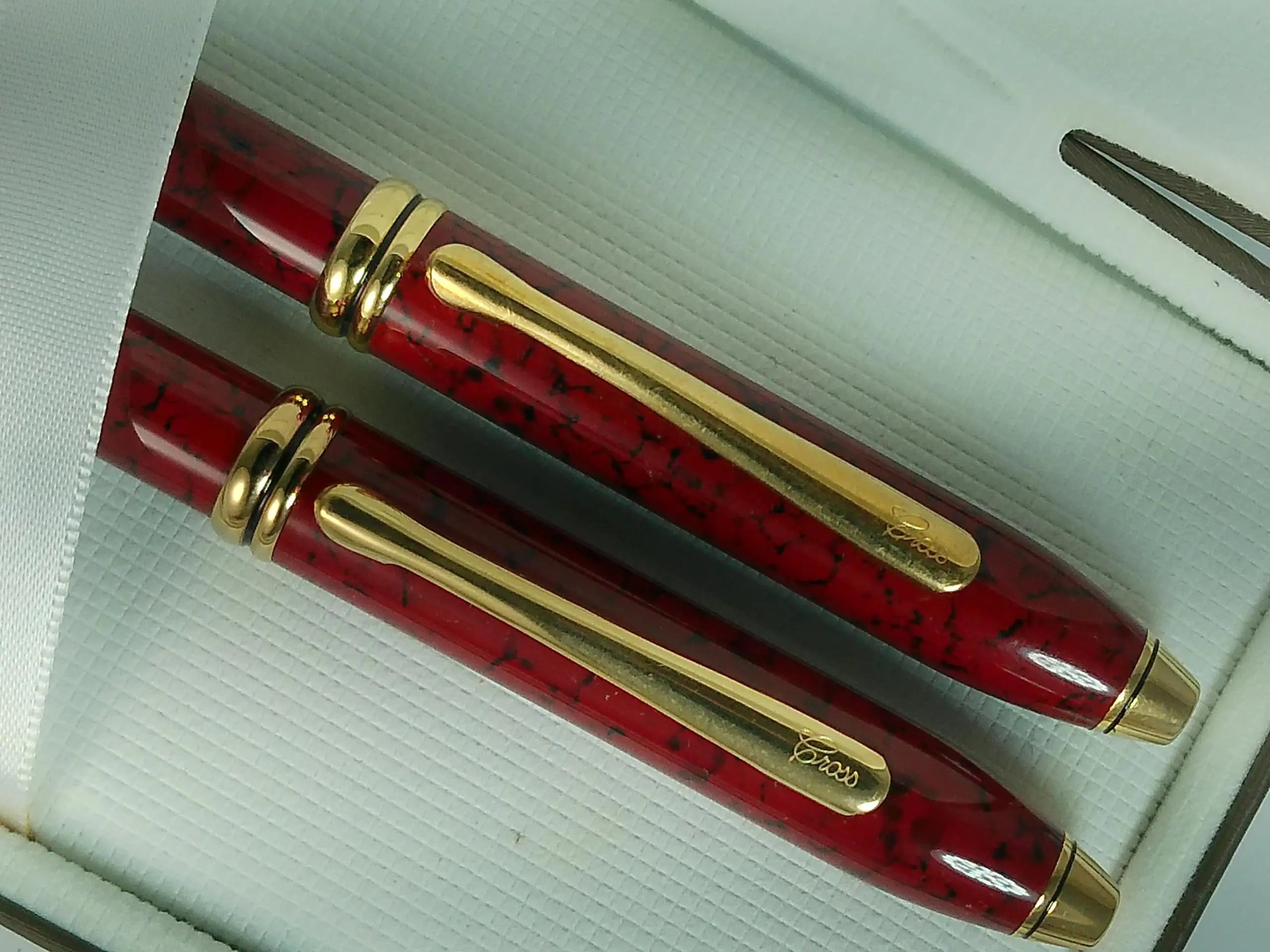 Cross Townsend Cardinal Red Marble and 23KT Gold Ballpoint Pen and 0.5MM Pencil Set, Made in Lincoln, USA Cross