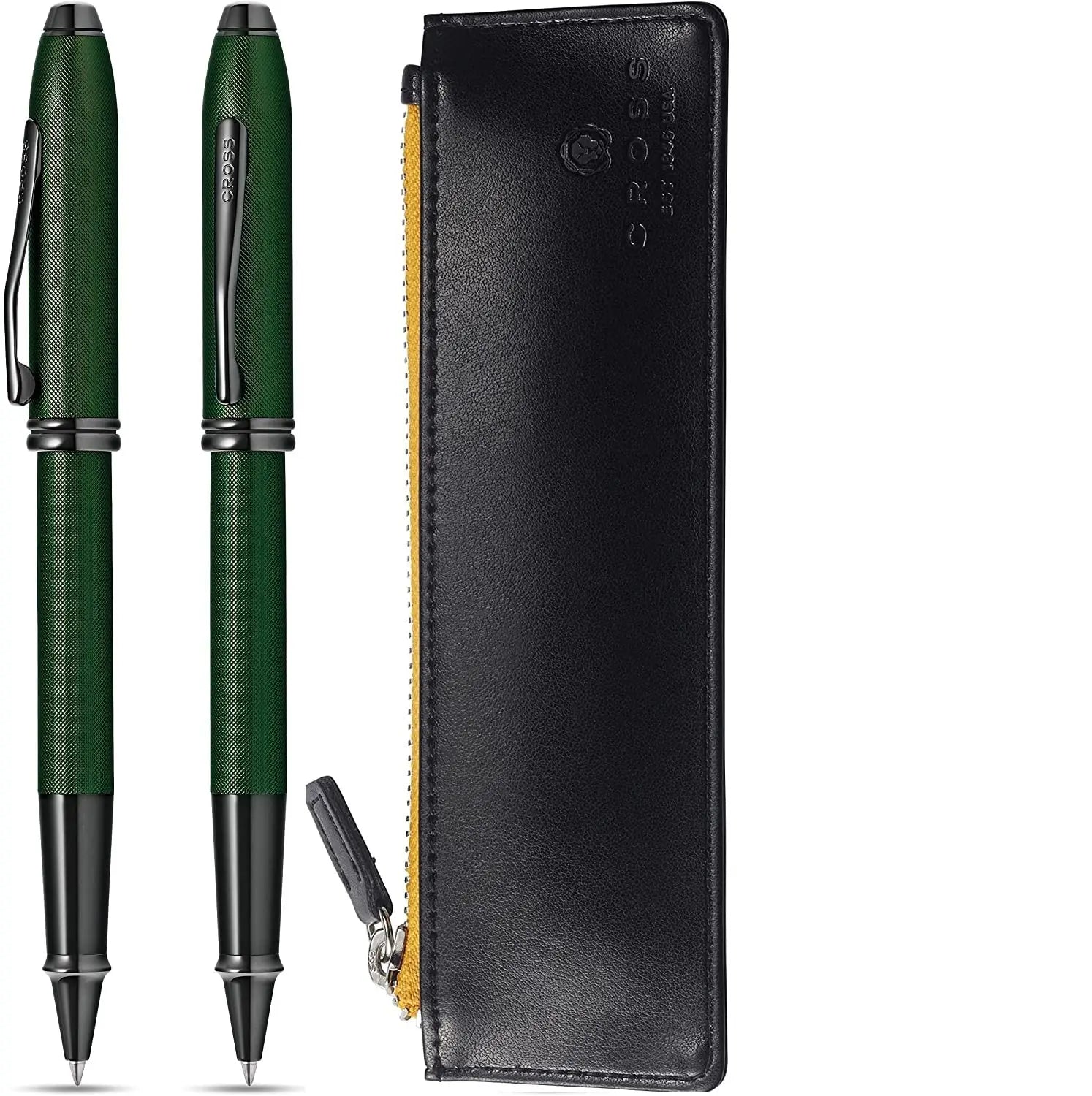 Cross Townsend Midnight Green Micro Knurled and Sandblasted Matte Black PVD Appointments Selectip Gel Ink Rollerball Pen & Black Pen Pouch Cross