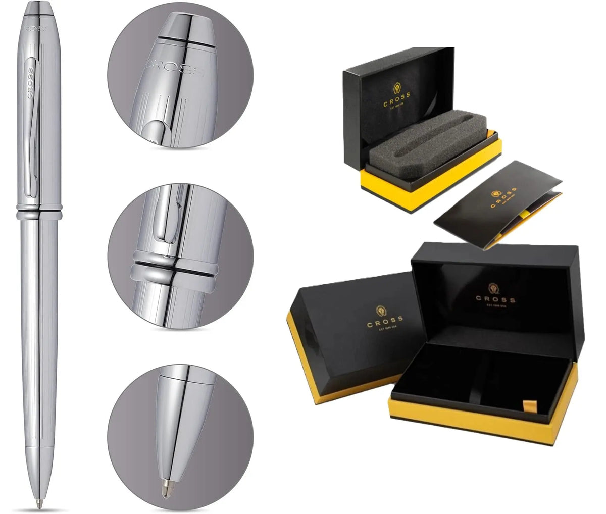 Cross Townsend Refillable Ballpoint Pen, Medium Point, Black Ink, Polished Lustrous Chrome Barrel with incise lines, Luxury Gift Box cross