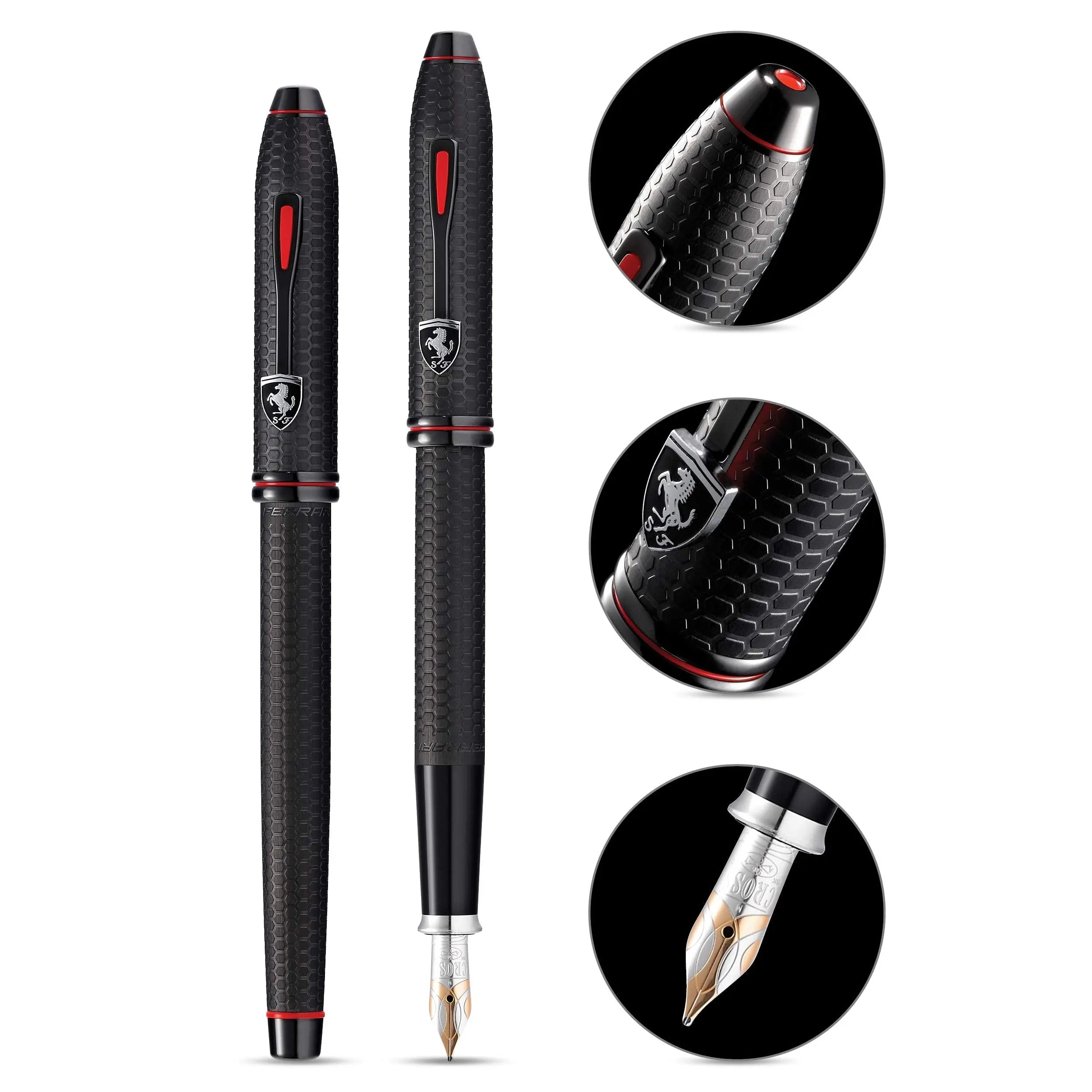 Cross  Townsend Scuderia Ferrari Brushed Black, Etched Honeycomb Pattern Fountain Pen -  with Two-Tone 18KT Gold & Rhodium-Plated Medium Nib Cross