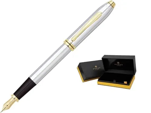 Cross Townsend® Medalist® Polished Chrome with 23KT Gold-Plated Appointments and 23KT Gold-Plated Medium Nib Fountain Pen + Ink Converter in Luxury gift box Cross