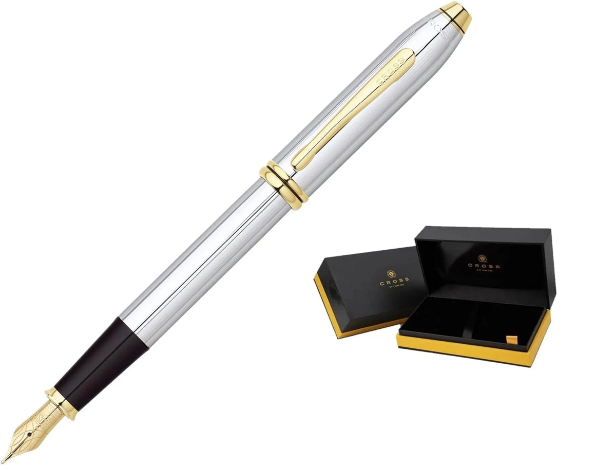 Cross Townsend® Medalist® Polished Chrome with 23KT Gold-Plated Appointments and 23KT Gold-Plated Medium Nib Fountain Pen + Ink Converter in Luxury gift box cross
