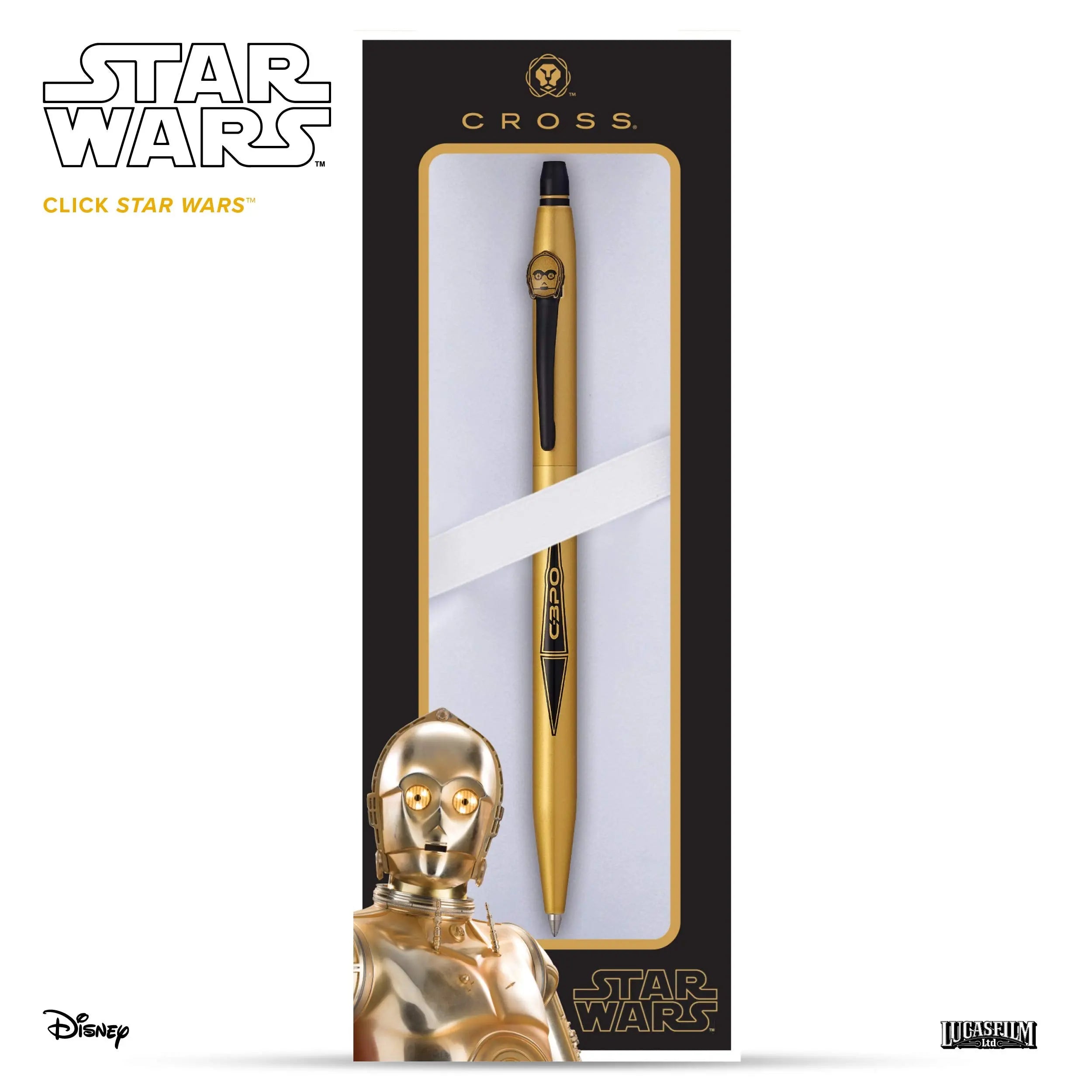 Cross X Star Wars Click Refillable Rolling Ball Gel Ink Pen, Includes Coordinated Character-Themed Gift Box - C-3PO Cross