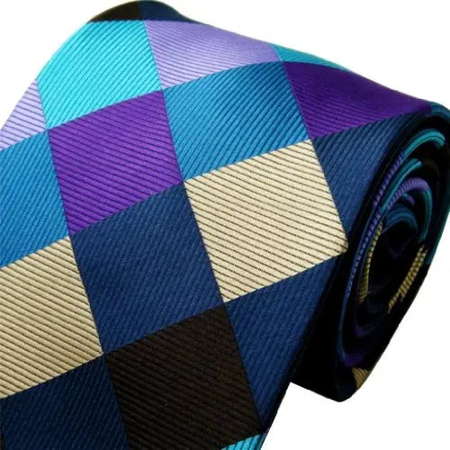 Intrepid Corporate Elite Sky Blue, Blue , Brown and Purple Checked Pattern Men's Necktie Tie 100% Silk Jacquard Handwoven Woven,59''(150cm )in length and 3.4''(8.5cm) in Width - crosspenmall.com