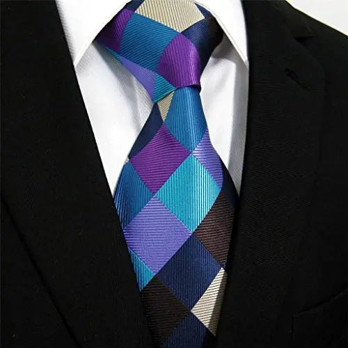 Intrepid Corporate Elite Sky Blue, Blue , Brown and Purple Checked Pattern Men's Necktie Tie 100% Silk Jacquard Handwoven Woven,59''(150cm )in length and 3.4''(8.5cm) in Width - crosspenmall.com