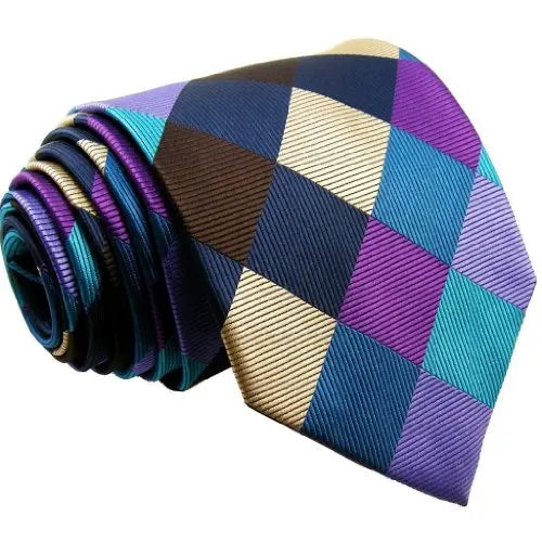 Intrepid Corporate Elite Sky Blue, Blue , Brown and Purple Checked Pattern Men's Necktie Tie 100% Silk Jacquard Handwoven Woven,59''(150cm )in length and 3.4''(8.5cm) in Width - crosspenmall.com