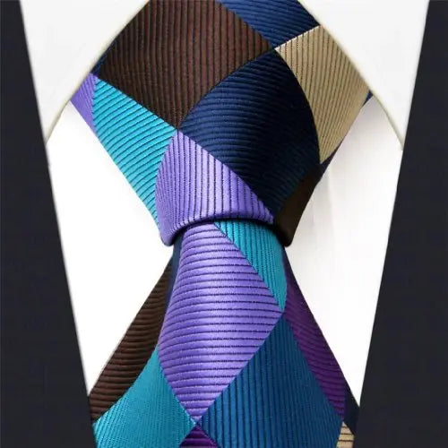 Intrepid Corporate Elite Sky Blue, Blue , Brown and Purple Checked Pattern Men's Necktie Tie 100% Silk Jacquard Handwoven Woven,59''(150cm )in length and 3.4''(8.5cm) in Width - crosspenmall.com
