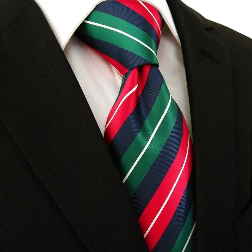 Intrepid Executive Wardrobe Accessory, Handmade 100% Classic Silk Woven Alloy of Green Red Blue Stripes with White Accent Men's Neck Tie, (3.4" Necktie) Intrepid