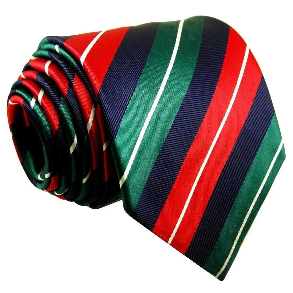 Intrepid Executive Wardrobe Accessory, Handmade 100% Classic Silk Woven Alloy of Green Red Blue Stripes with White Accent Men's Neck Tie, (3.4" Necktie) Intrepid