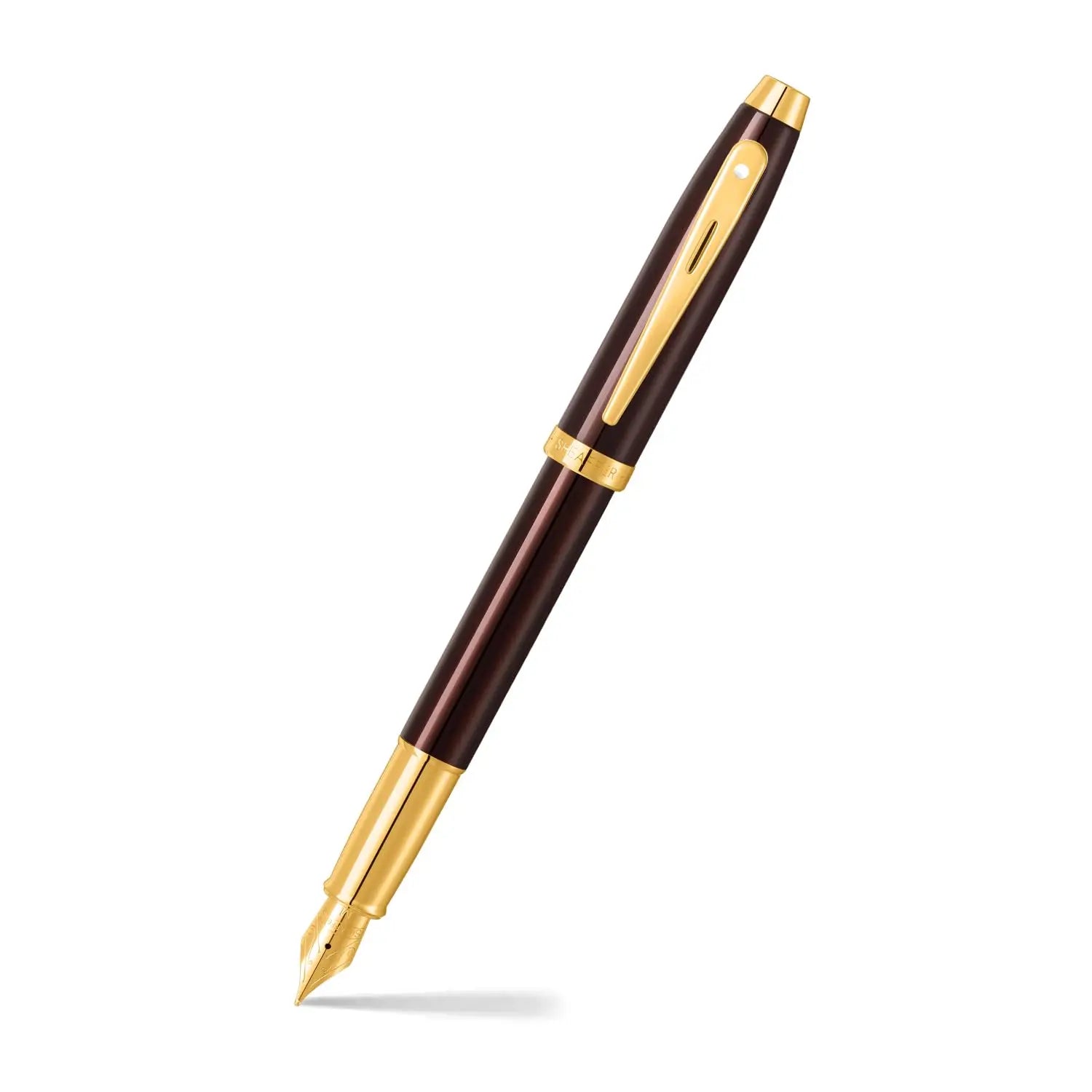 Sheaffer 100 9370 Glossy Coffee Brown Fountain Pen With PVD Gold-Tone Trim - Medium - crosspenmall.com