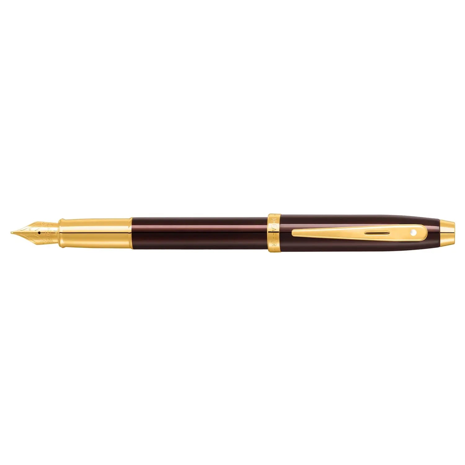 Sheaffer 100 9370 Glossy Coffee Brown Fountain Pen With PVD Gold-Tone Trim - Medium - crosspenmall.com