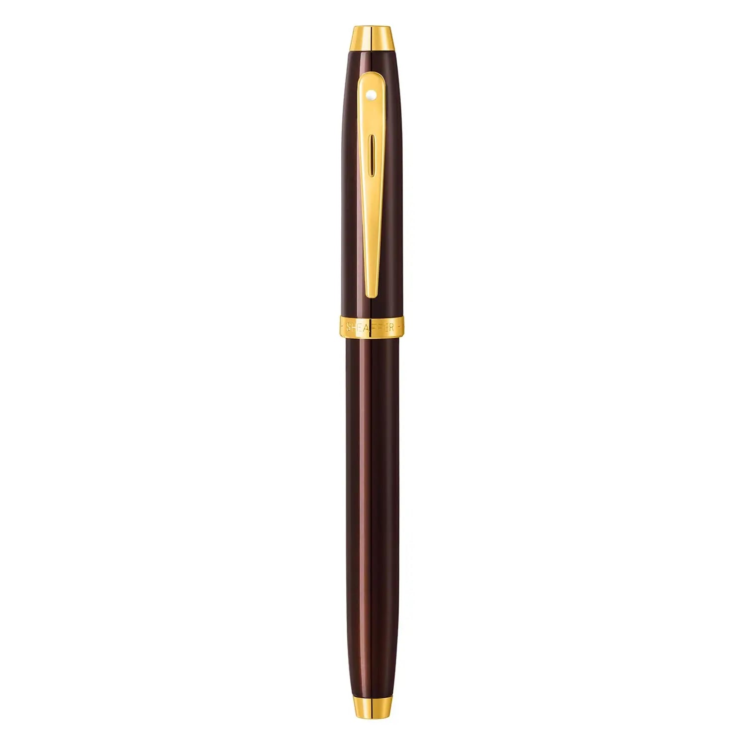 Sheaffer 100 9370 Glossy Coffee Brown Fountain Pen With PVD Gold-Tone Trim - Medium - crosspenmall.com