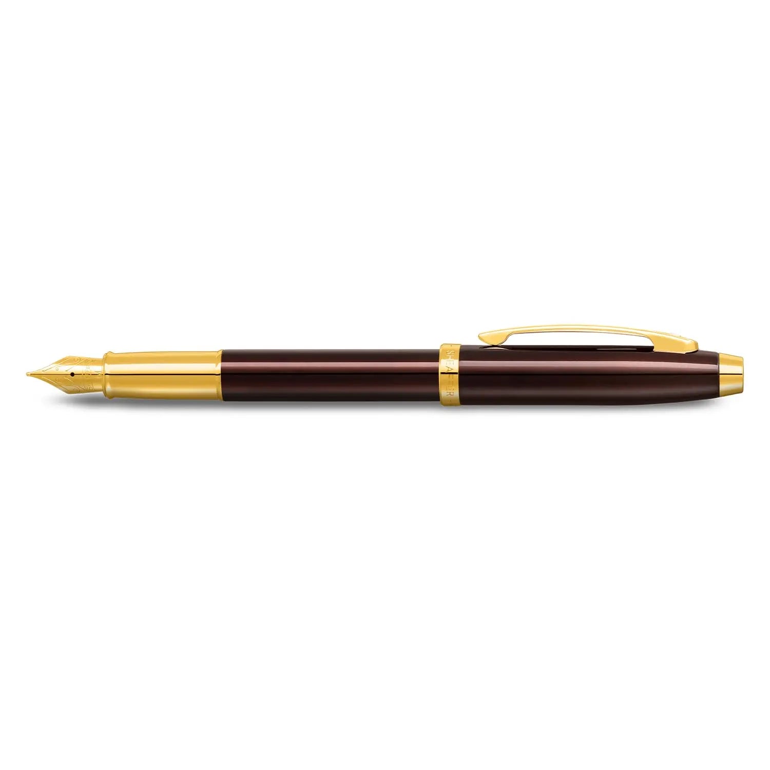 Sheaffer 100 9370 Glossy Coffee Brown Fountain Pen With PVD Gold-Tone Trim - Medium - crosspenmall.com