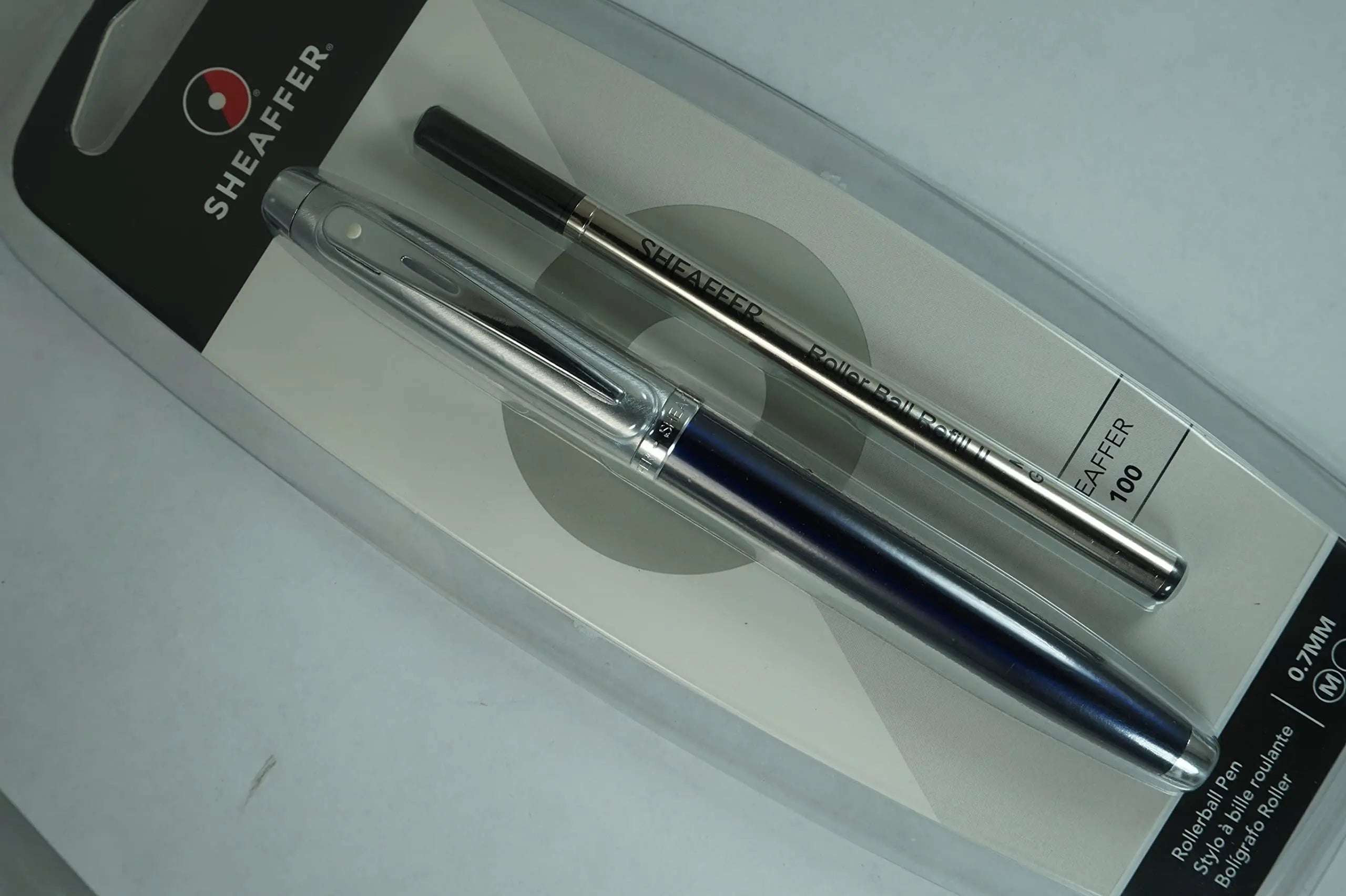 Sheaffer 100 Pearlescent Metallic Blue with Nickel appointments Signature Mid Band and Dot of excellence, Medium Point Rollerball Pen. Very solid and Responsive - crosspenmall.com