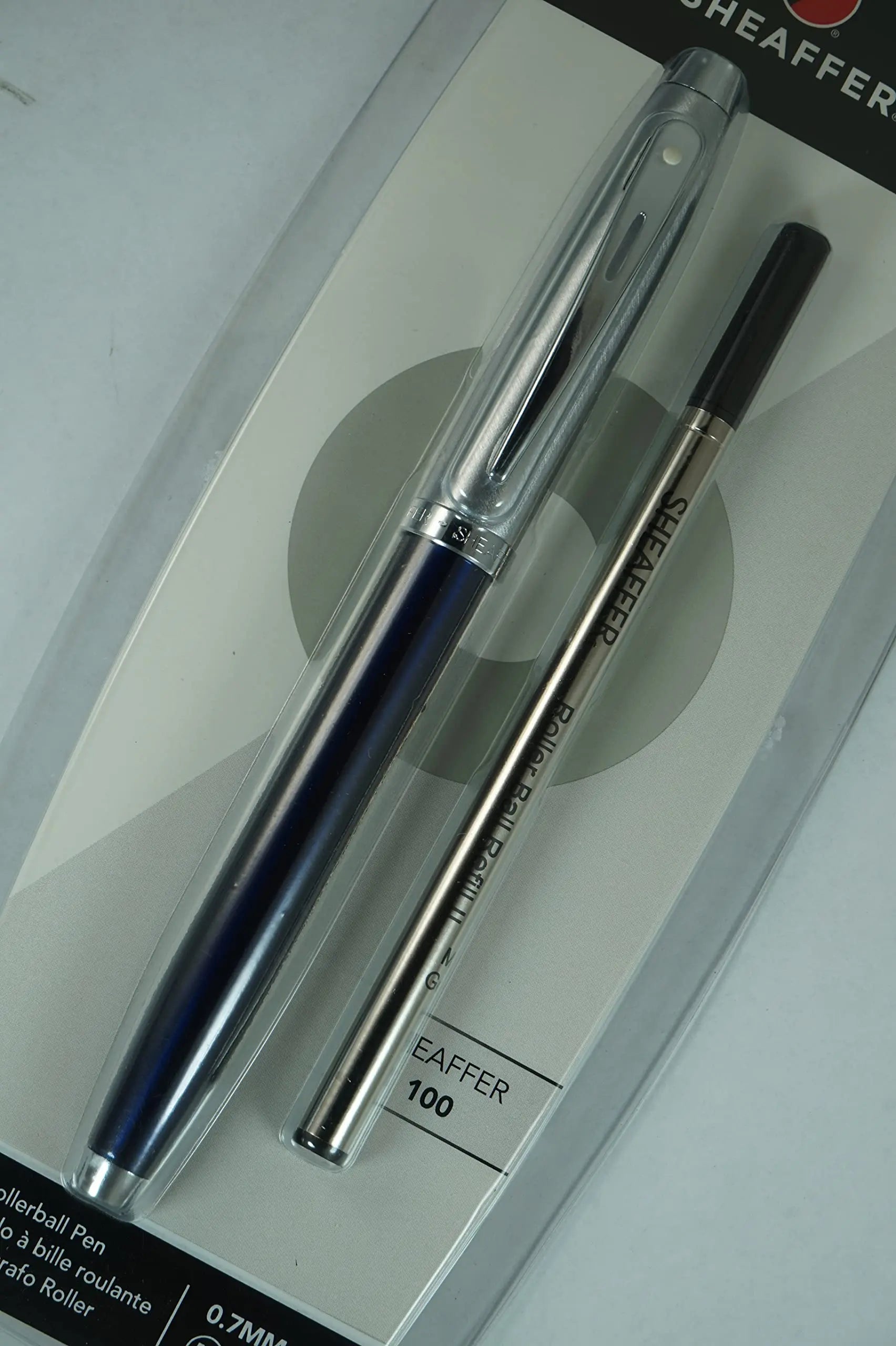 Sheaffer 100 Pearlescent Metallic Blue with Nickel appointments Signature Mid Band and Dot of excellence, Medium Point Rollerball Pen. Very solid and Responsive - crosspenmall.com