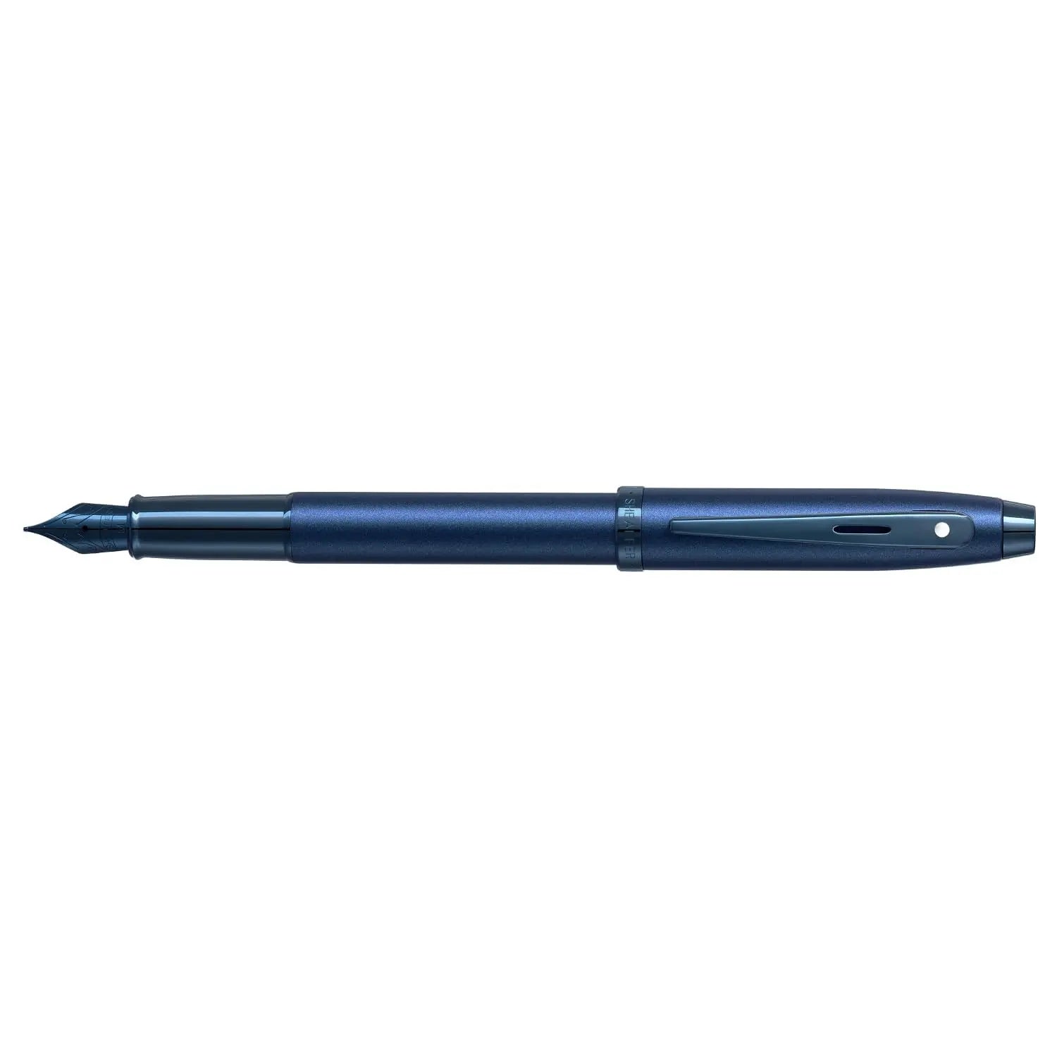 Sheaffer 100 Refillable Satin Blue Fountain Pen with PVD Blue Clip, Finial signature Center band. Comes in Premium gift Box Sheaffer