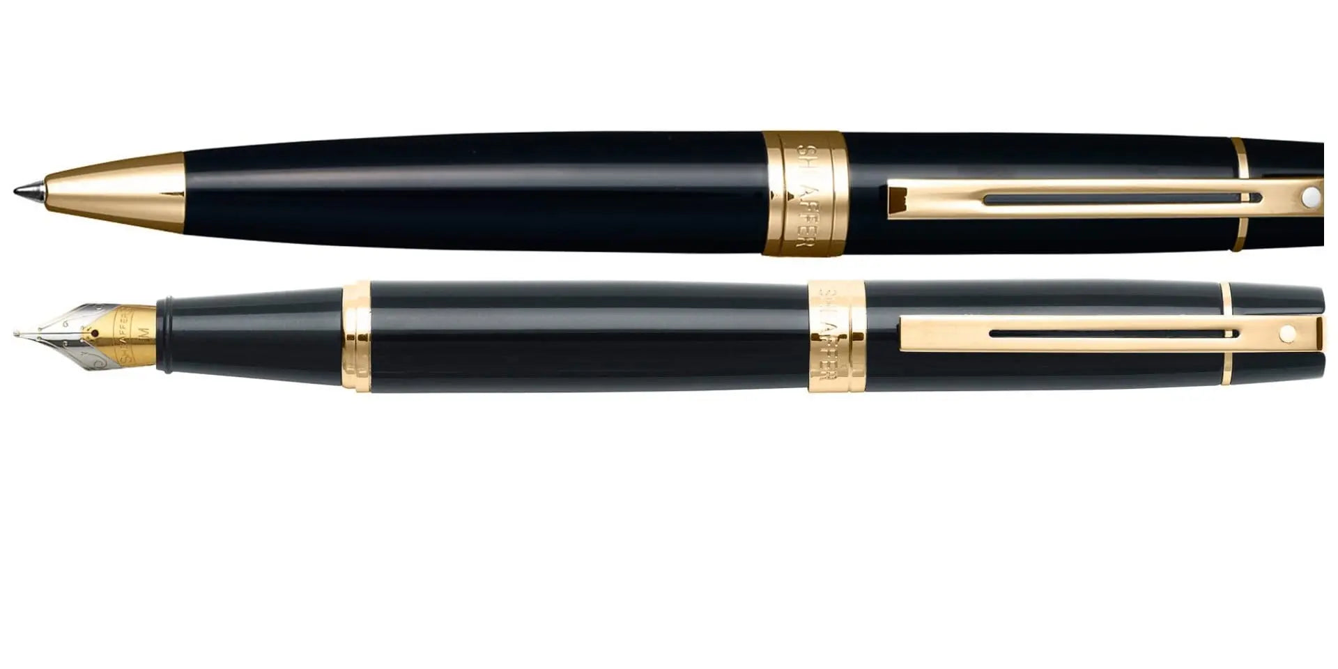 Sheaffer 300 Duo Black Lacquer and Gold Appointments Limited Series with Signature white dot of Excellence and wide band Medium Point Fountain Pen and Ballpoint Pen set. Sheaffer