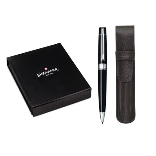 Sheaffer 300 Glossy Black Pen with Chrome-Plated Trim and Matching Pouch gift Set (Ballpoint) - crosspenmall.com