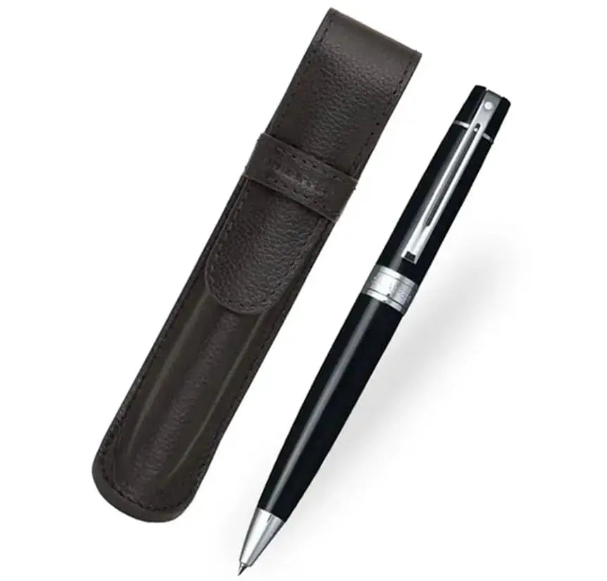 Sheaffer 300 Glossy Black Pen with Chrome-Plated Trim and Matching Pouch gift Set (Ballpoint) - crosspenmall.com