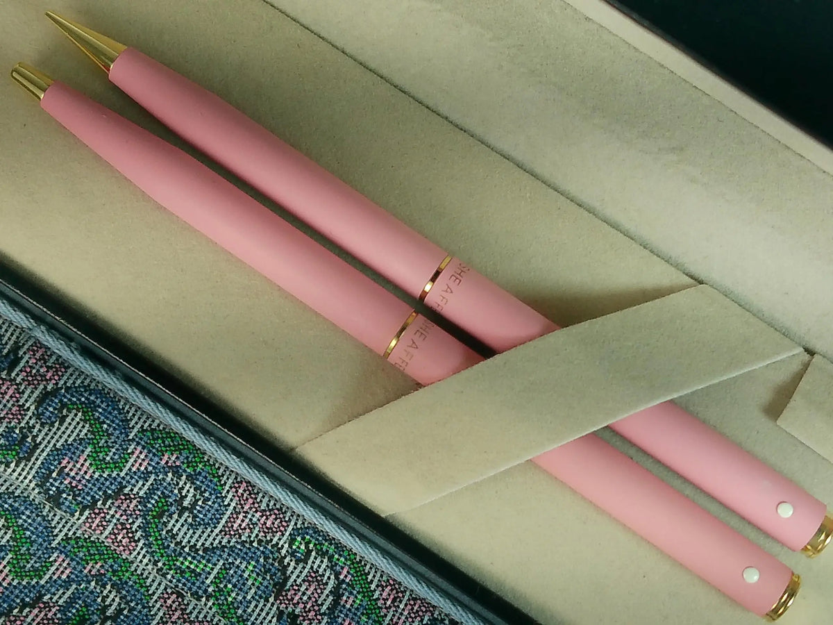 Sheaffer Cross Made in the USA Signature Classic Fashion Matte Tender Pink Rose with 22KT Gold Appointments ballpoint Pen and Pencil Set with matching pen case cross
