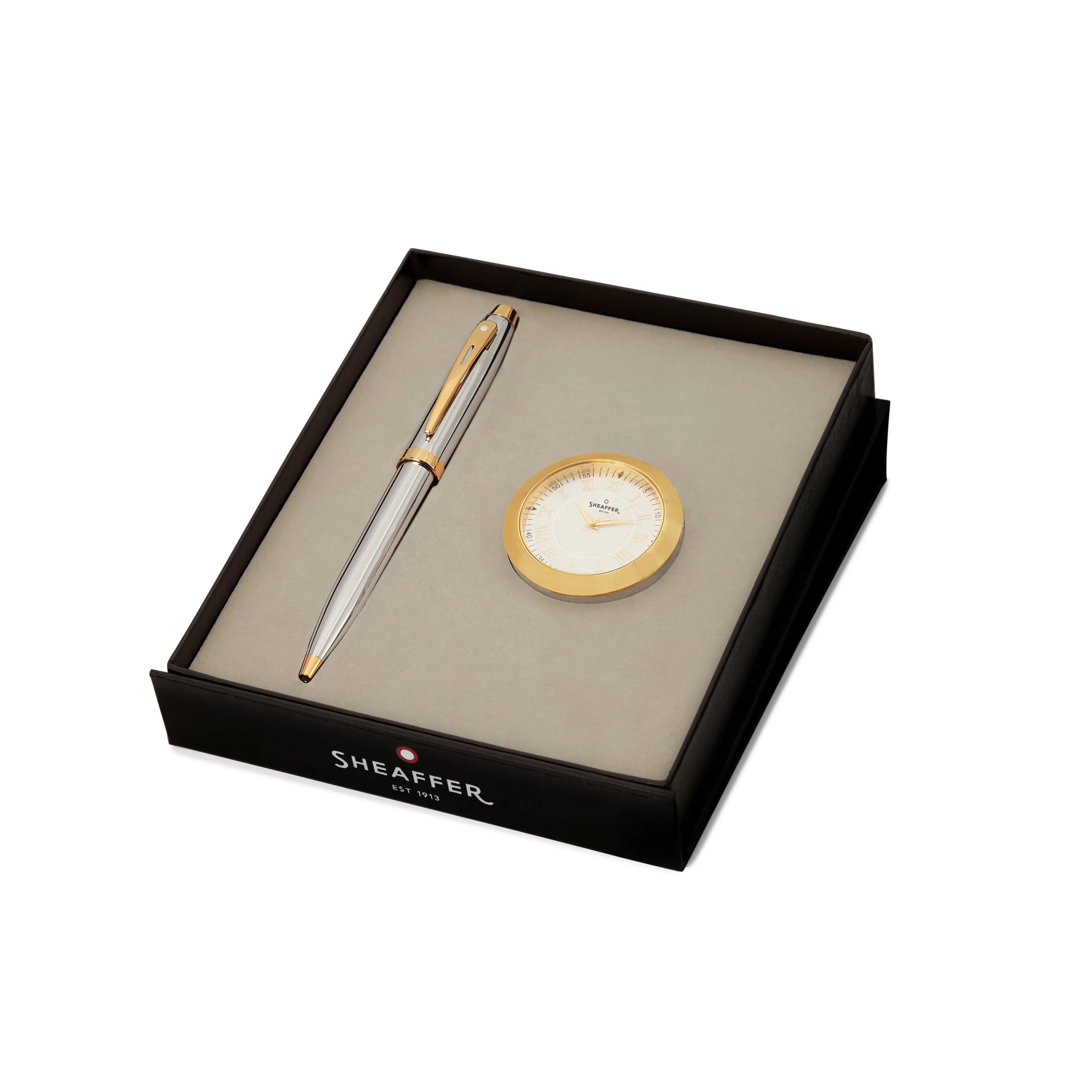 Sheaffer Gift Set ft. Bright Chrome 100 Ballpoint Pen with Gold Trims and Table Clock - My Store