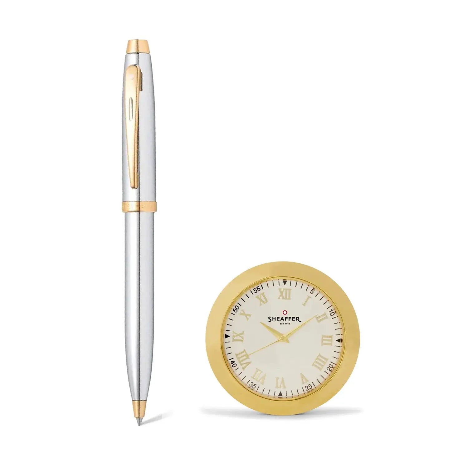 Sheaffer Gift Set ft. Bright Chrome 100 Ballpoint Pen with Gold Trims and Table Clock - My Store