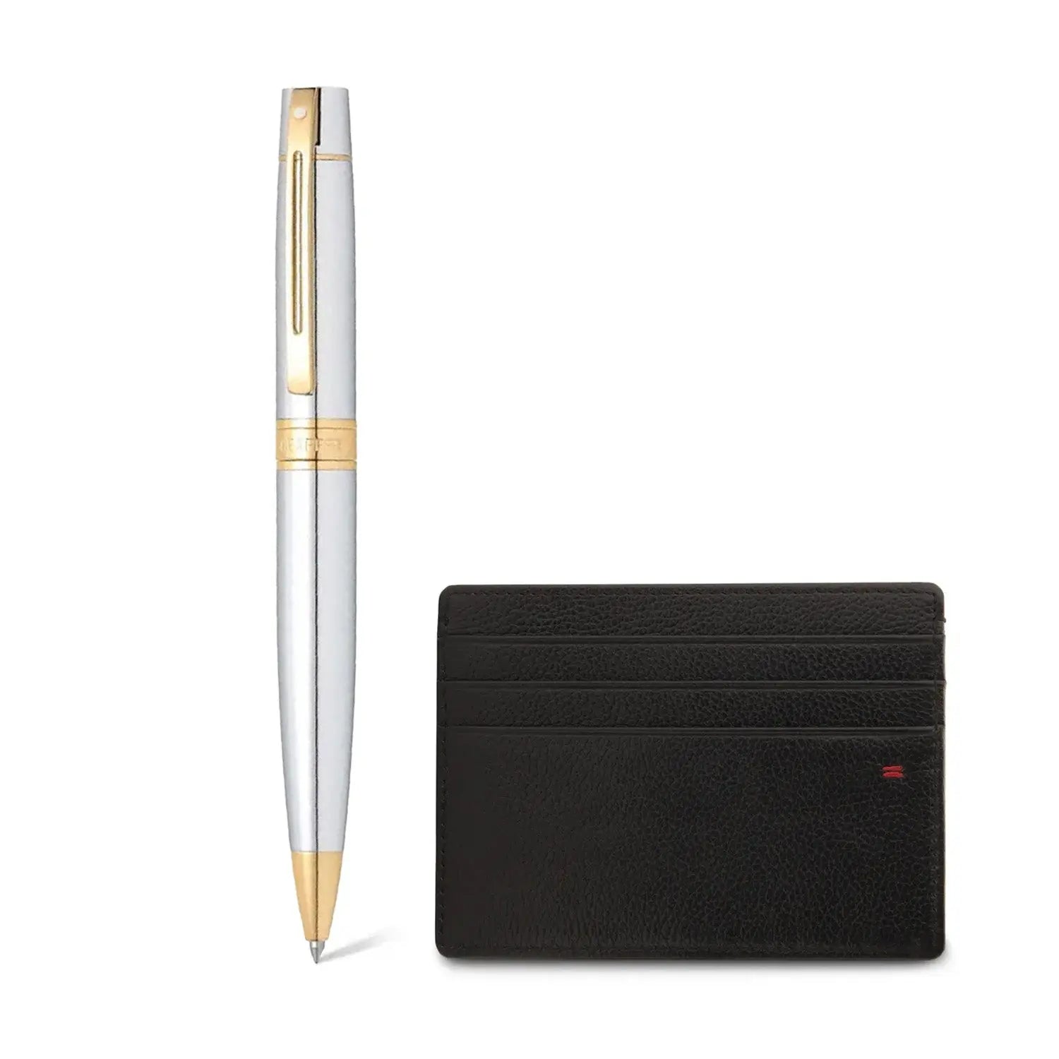 Sheaffer Gift Set ft. Bright Chrome 300 Ballpoint Pen with Gold Trims and Credit Card Holder - My Store