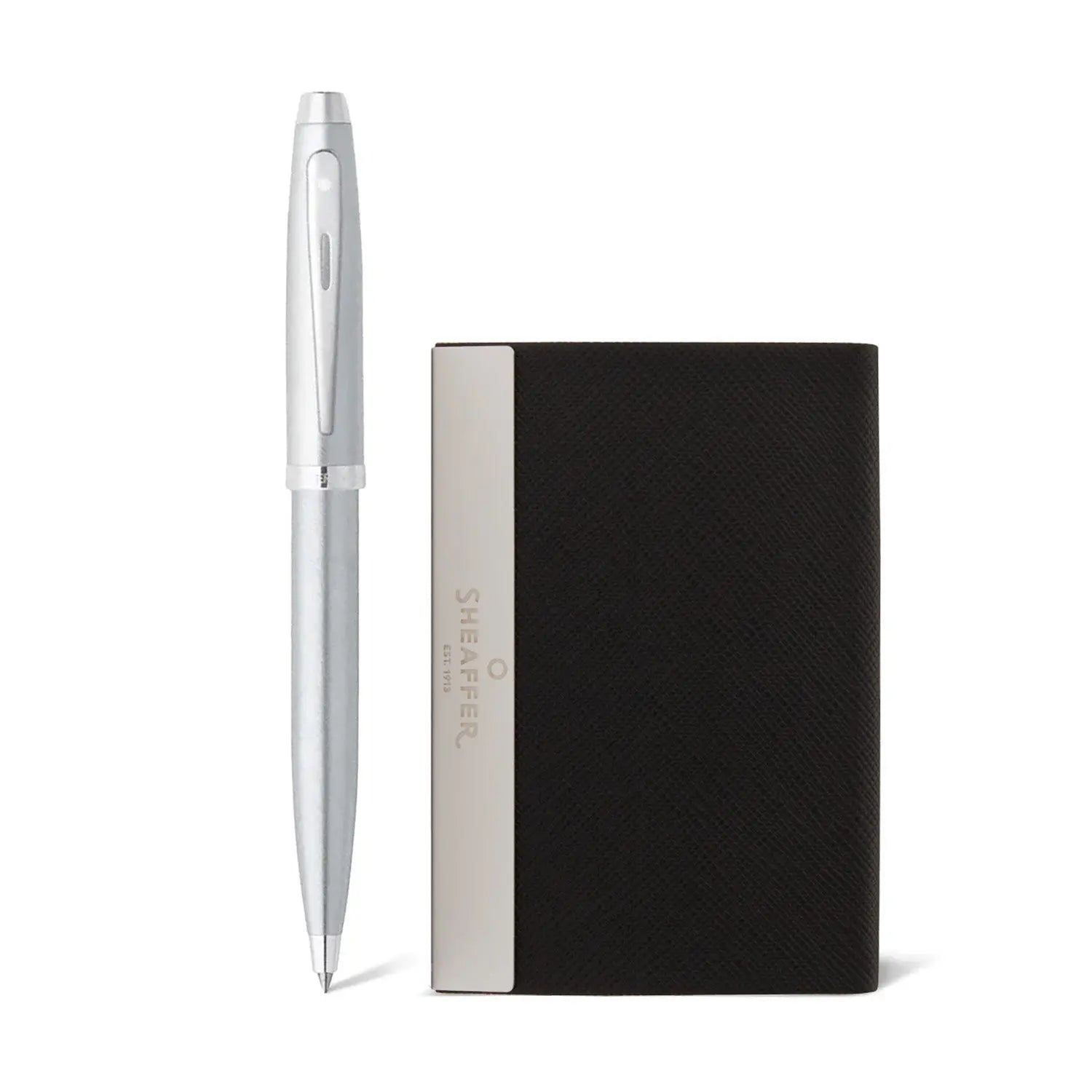 Sheaffer Gift Set ft. Brushed Chrome 100 Ballpoint Pen with Chrome Trims and Business Card Holder - My Store