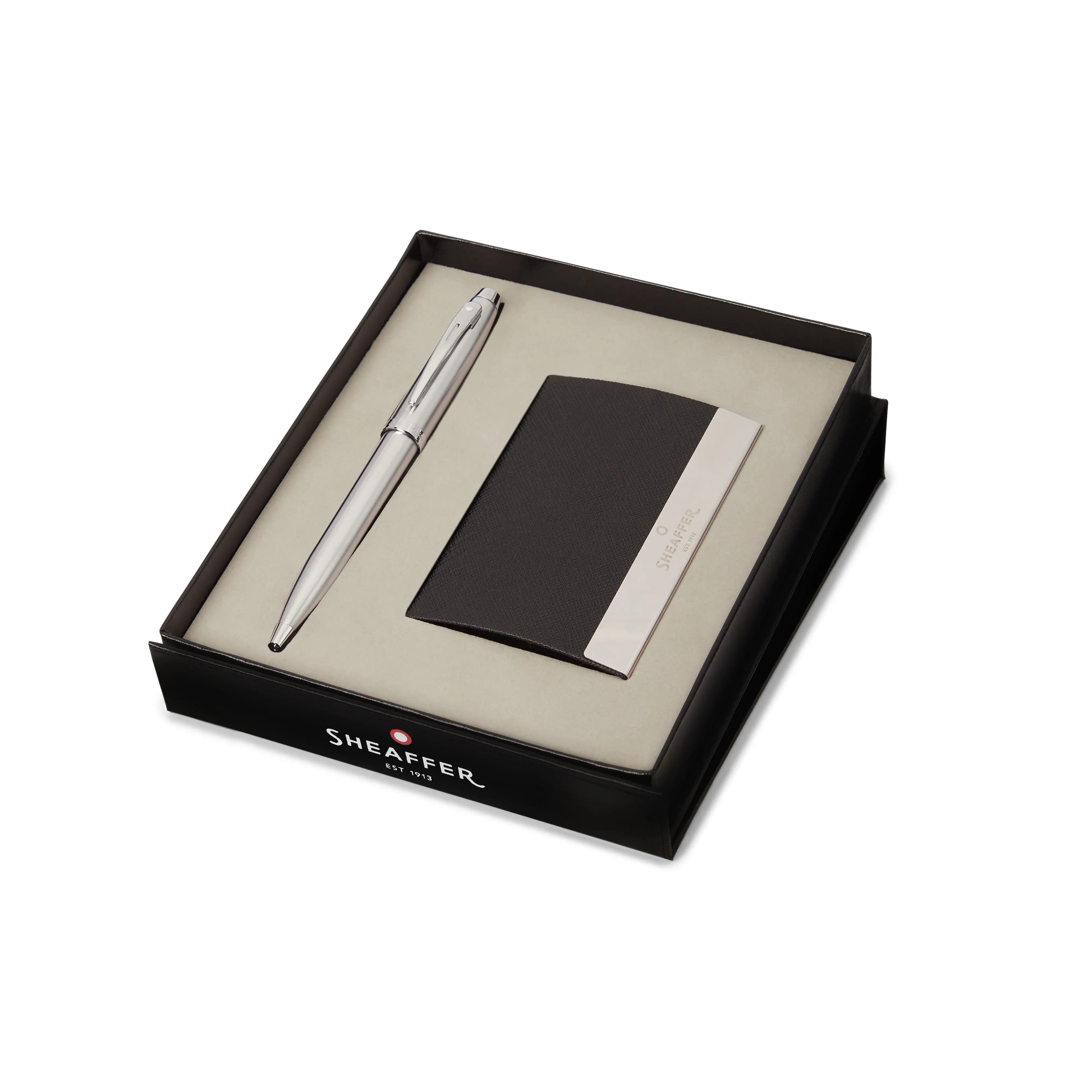 Sheaffer Gift Set ft. Brushed Chrome 100 Ballpoint Pen with Chrome Trims and Business Card Holder - My Store