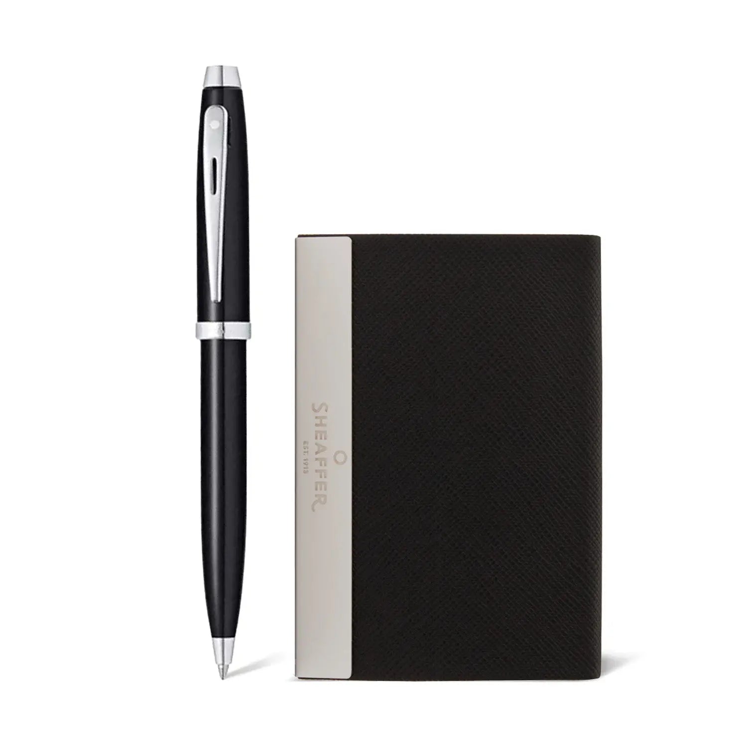 Sheaffer Gift Set ft. Glossy Black 100 Ballpoint Pen with Chrome Trims and Business Card Holder - My Store