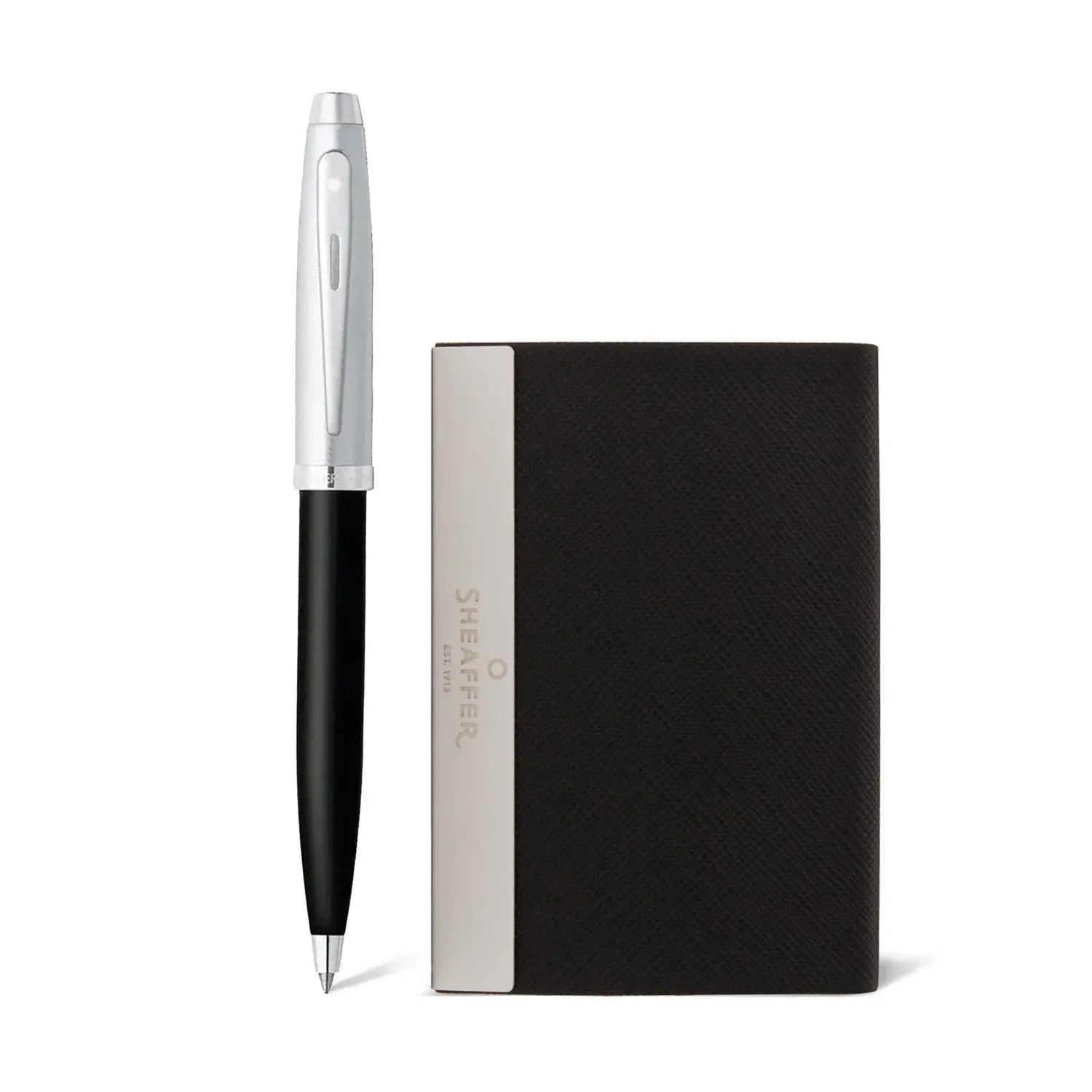 Sheaffer Gift Set ft. Glossy Black 100 Ballpoint Pen with Chrome Trims and Business Card Holder - My Store