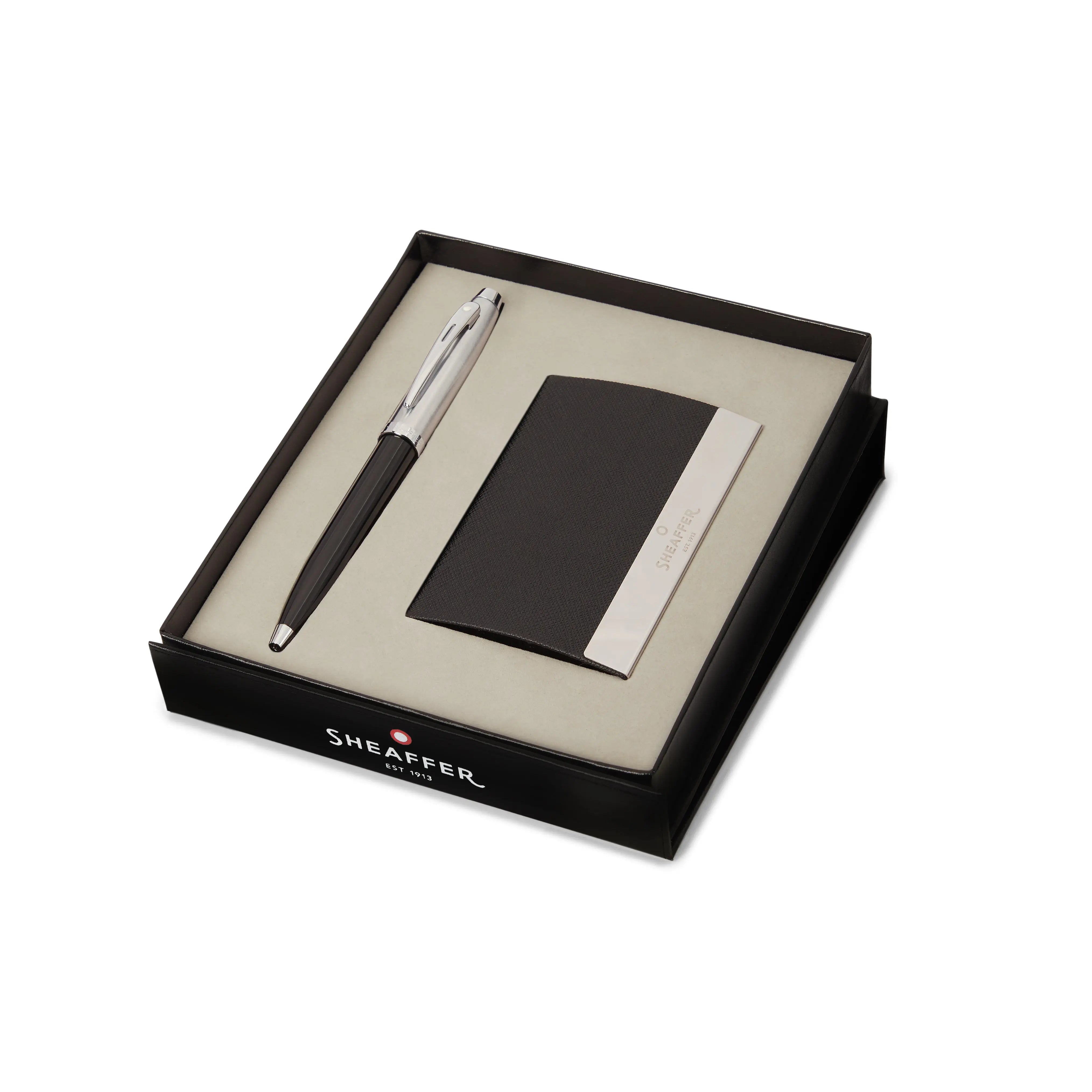 Sheaffer Gift Set ft. Glossy Black 100 Ballpoint Pen with Chrome Trims and Business Card Holder - My Store