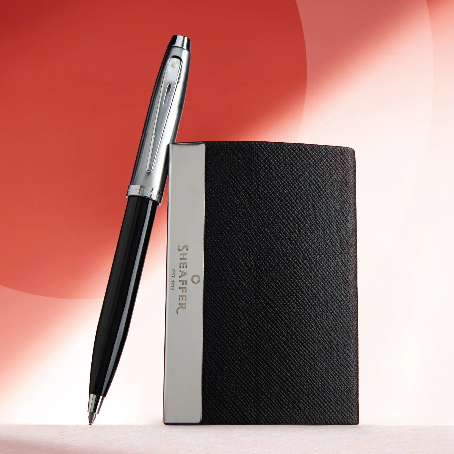 Sheaffer Gift Set ft. Glossy Black 100 Ballpoint Pen with Chrome Trims and Business Card Holder - My Store