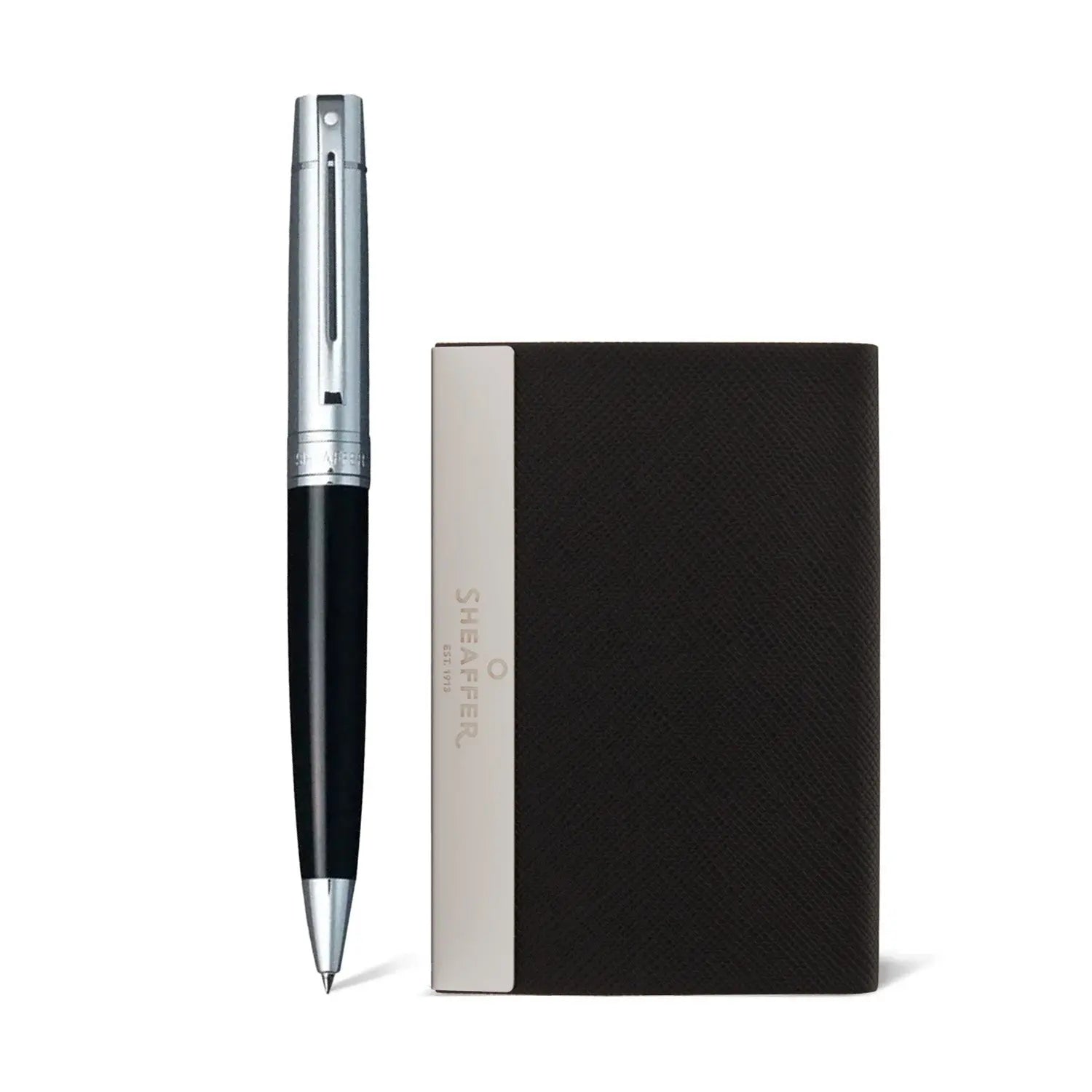 Sheaffer Gift Set ft. Glossy Black 300 Ballpoint Pen with Chrome Trims and Business Card Holder - My Store