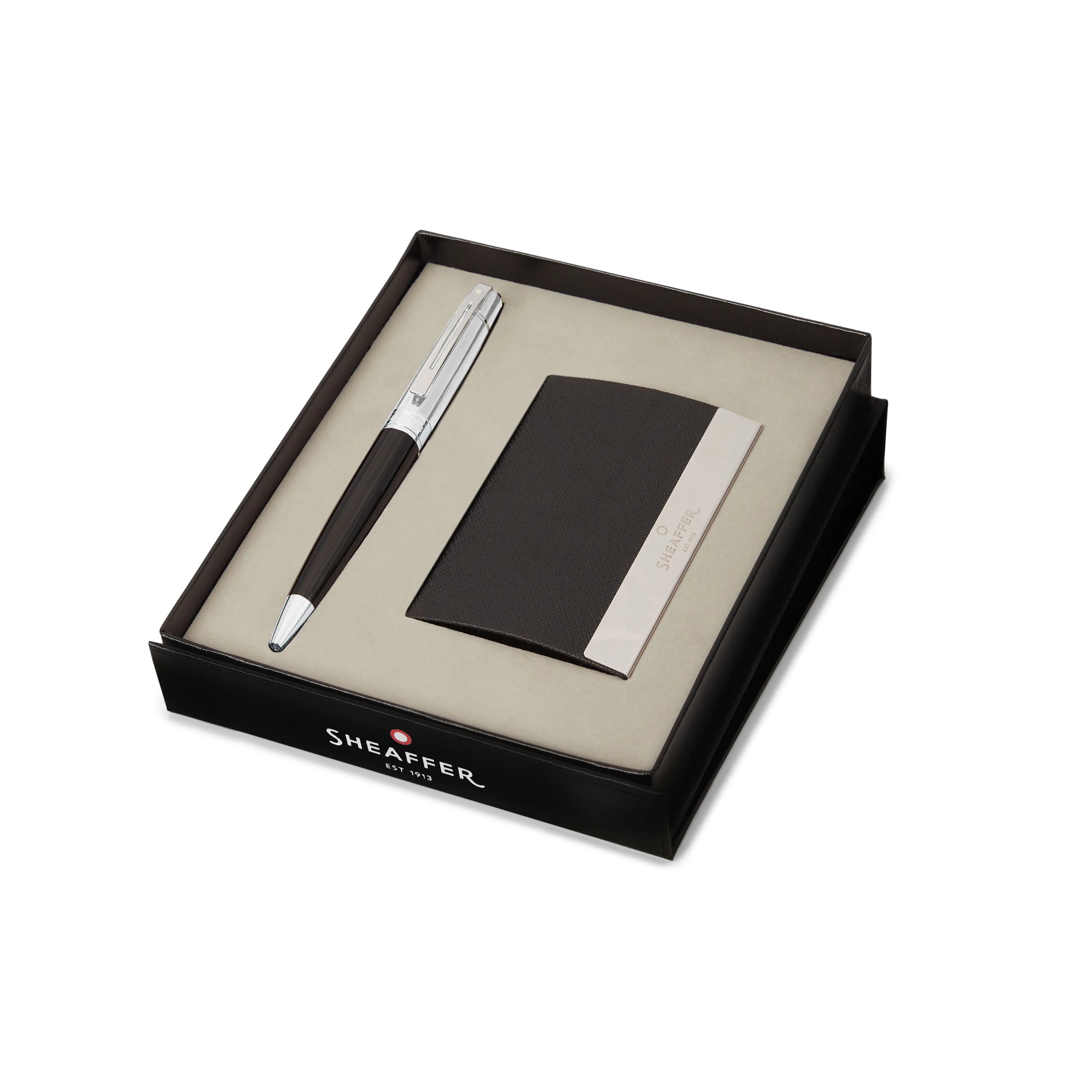 Sheaffer Gift Set ft. Glossy Black 300 Ballpoint Pen with Chrome Trims and Business Card Holder - My Store