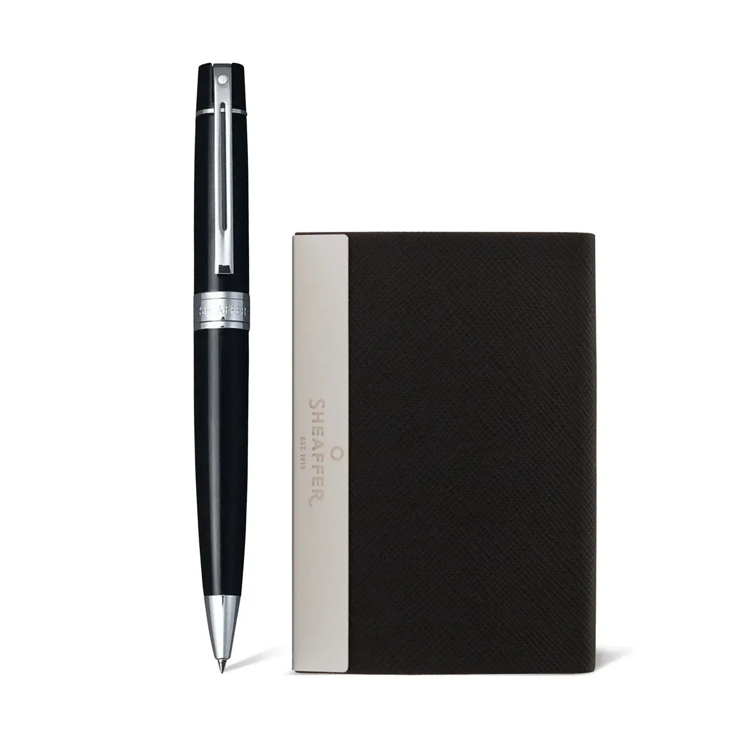 Sheaffer Gift Set ft. Glossy Black 300 Ballpoint Pen with Chrome Trims and Business Card Holder - My Store