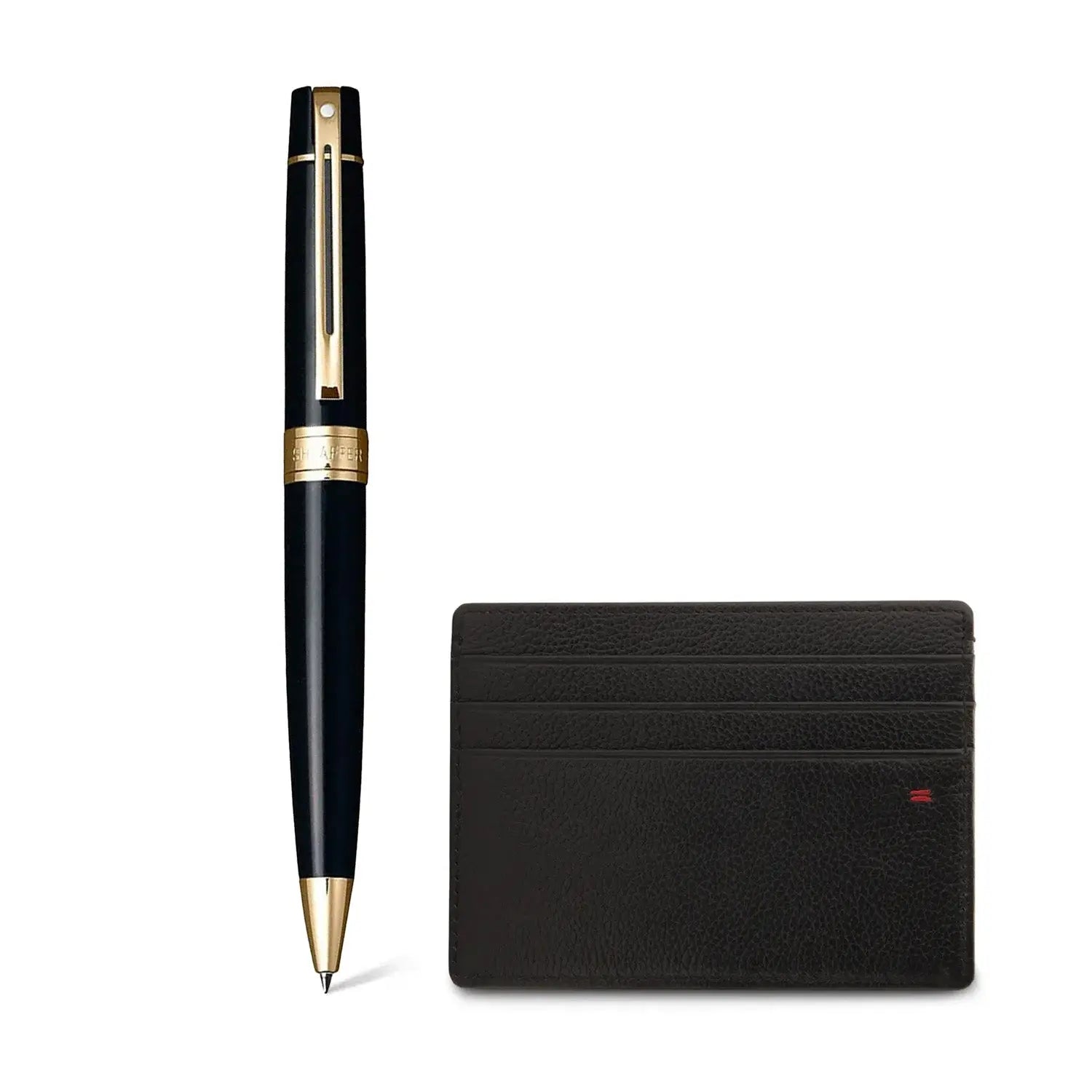 Sheaffer Gift Set ft. Glossy Black 300 Ballpoint Pen with Gold Trims and Credit Card Holder - My Store