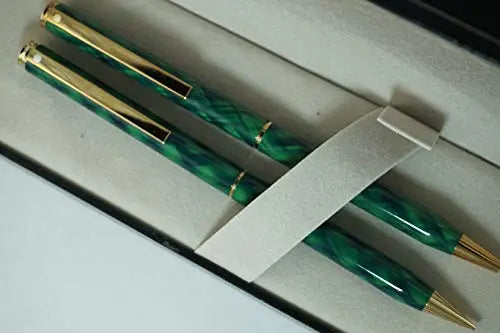 Sheaffer Made in The USA Signature Fashion criss-cross Tartan plaid Green Lacquer Barrel and cap with 22KT Gold Appointments Medium Point twist action Ballpoint Pen and Push Action 0.5MM Pencil Sheaffer