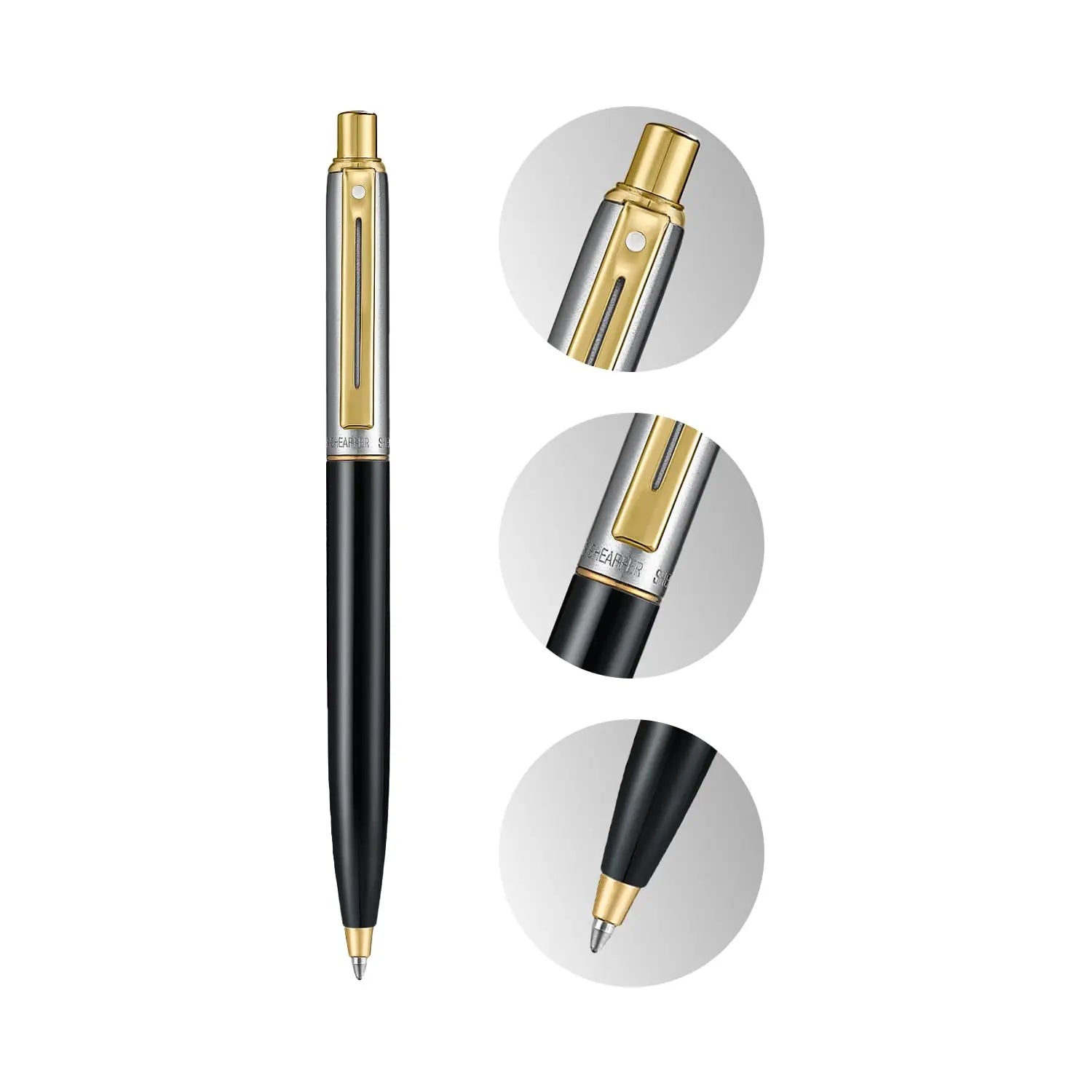 Sheaffer Sentinel Metal 335 Ballpoint Pen, Glossy Black Barrel, Brushed Chrome, Gold-plated Trims, Medium Point Sheaffer