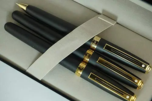 Sheaffer Signature Prelude Satin Black and 22KT Gold Appointment Solid 14kt Gold Medium Nib Fountain Pen, Rollerball Pen, 0.7MM Pencil Sheaffer