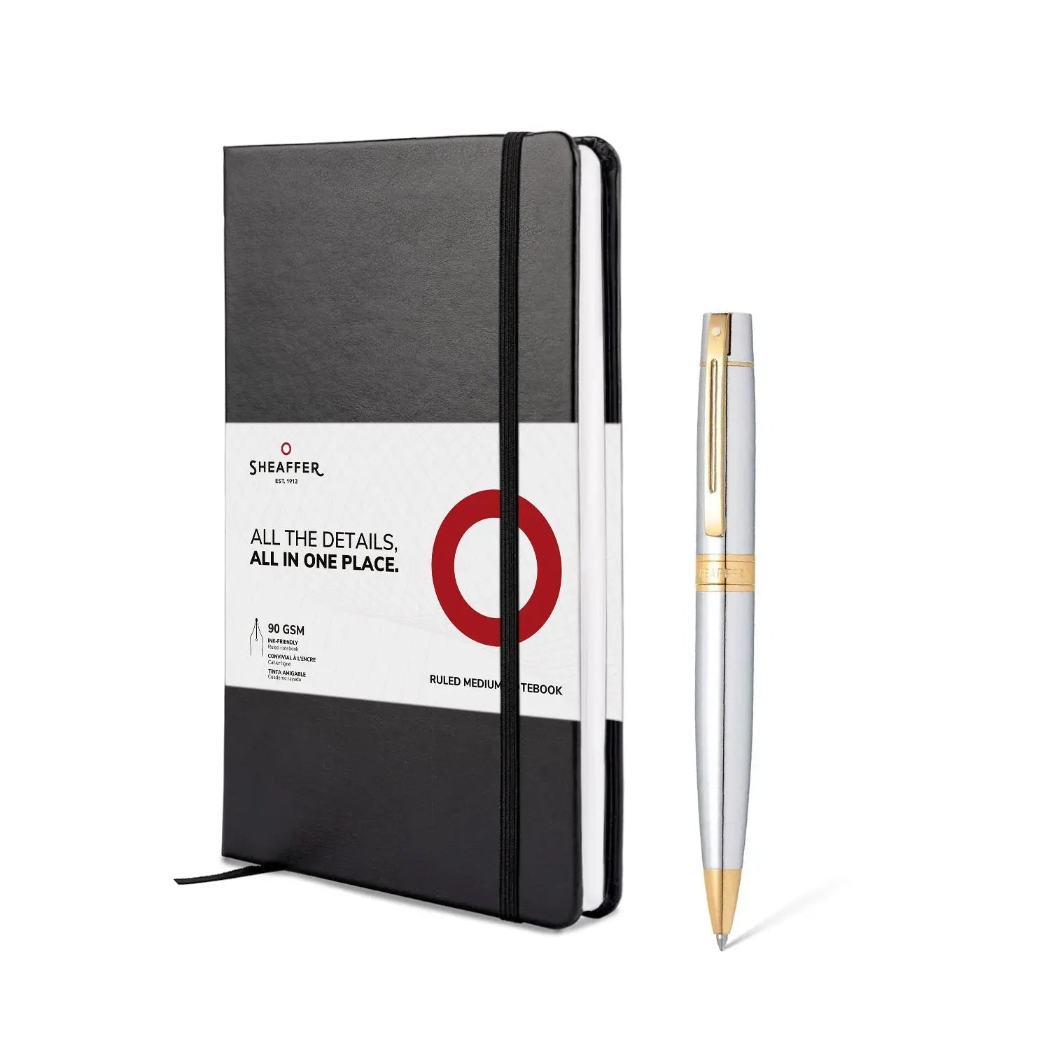 Sheaffer® Gift Set ft. Bright Chrome S300 9342 Ballpoint Pen with Gold Tone Trim and Medium Notebook - My Store